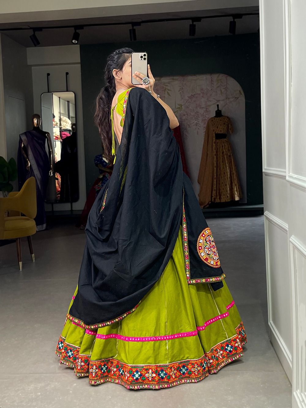 Green-Black Cotton Gamthi Work Navaratri Lehnga - Shopaholics Choice