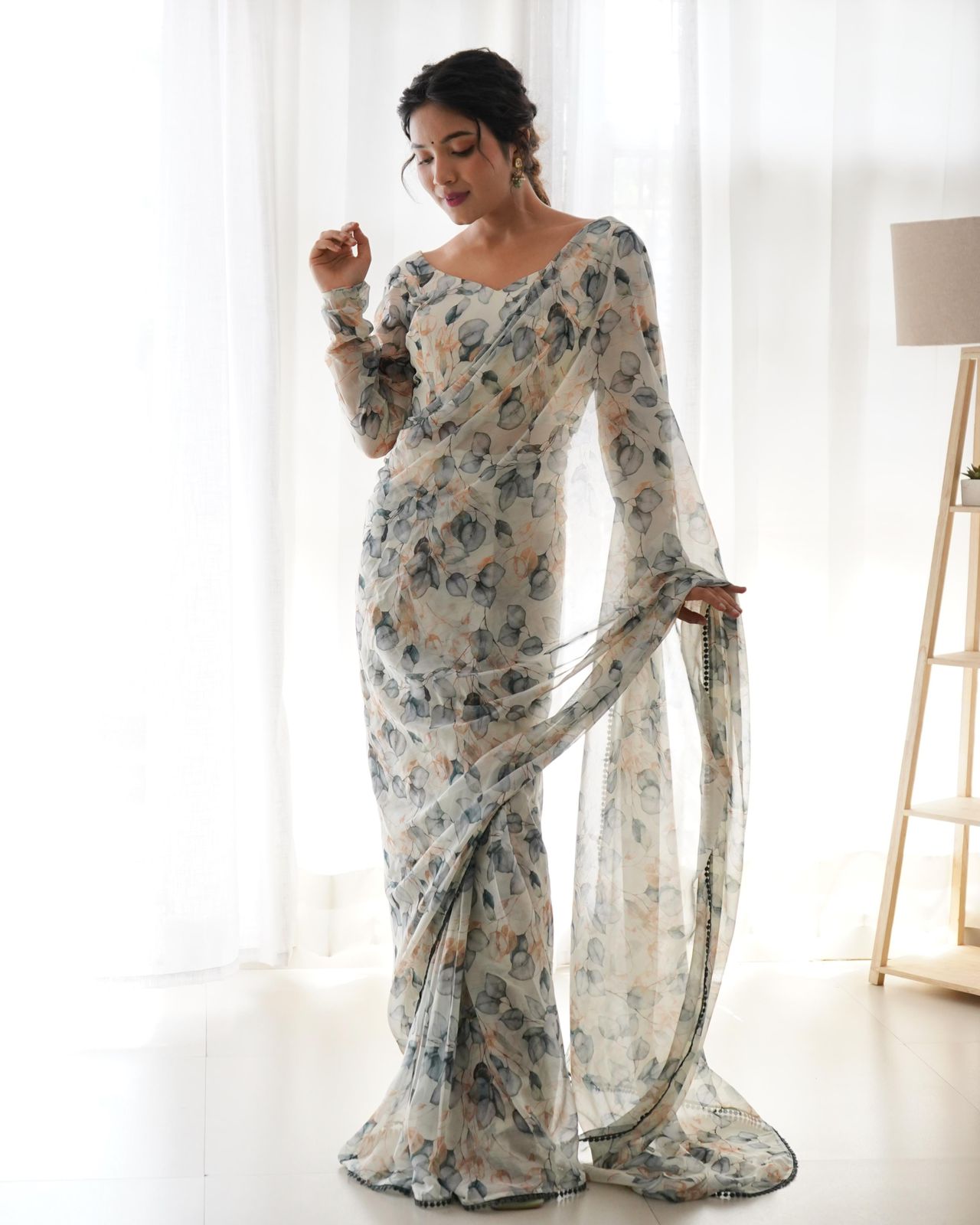 White Chiffon Floral Predrapped Saree - Shopaholics Choice