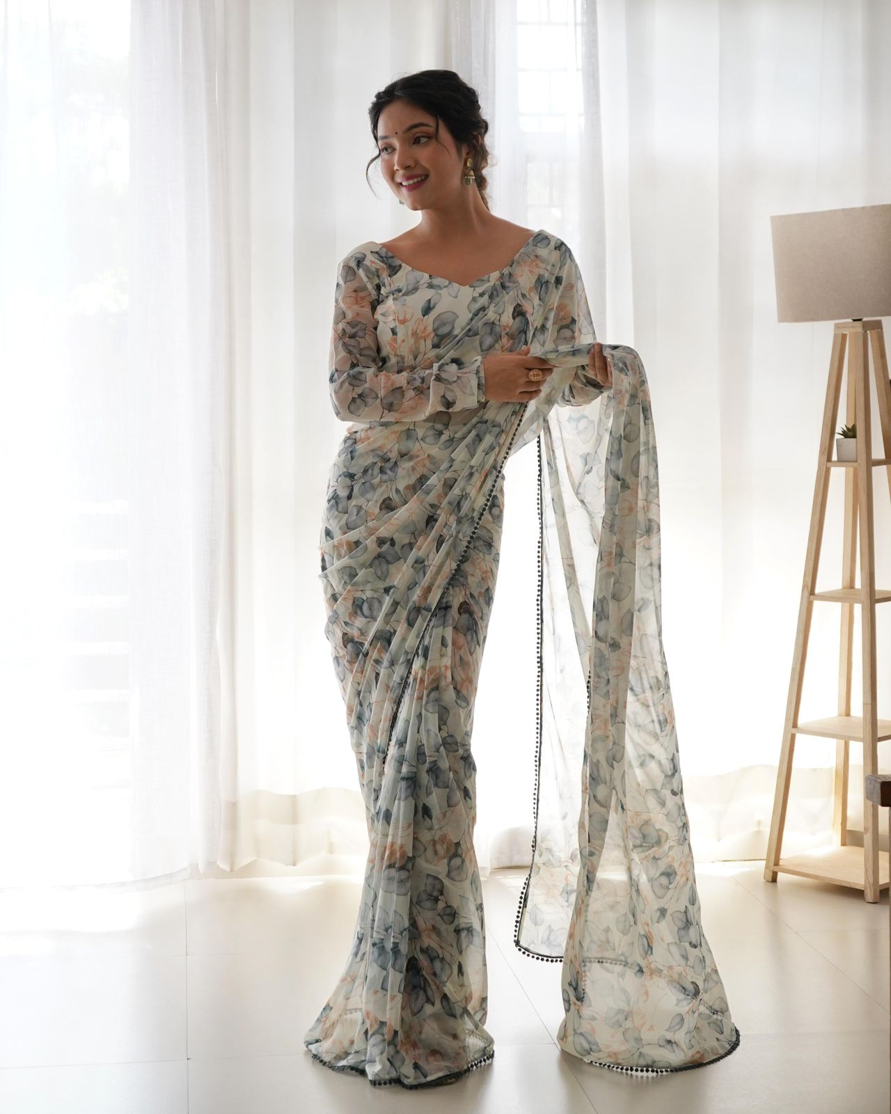 White Chiffon Floral Predrapped Saree - Shopaholics Choice
