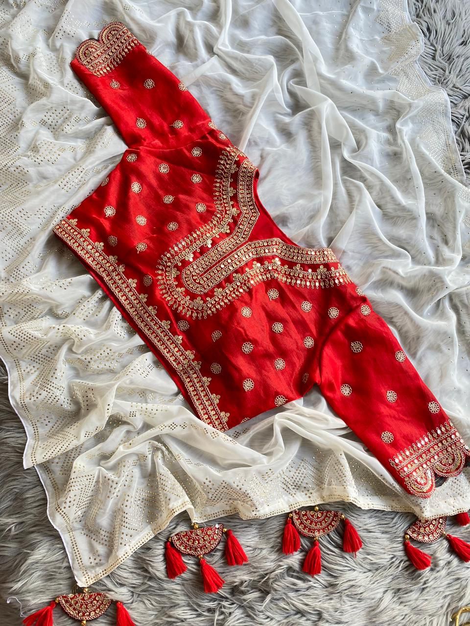 White-Red Organza Mukesh Work Saree - Shopaholics Choice