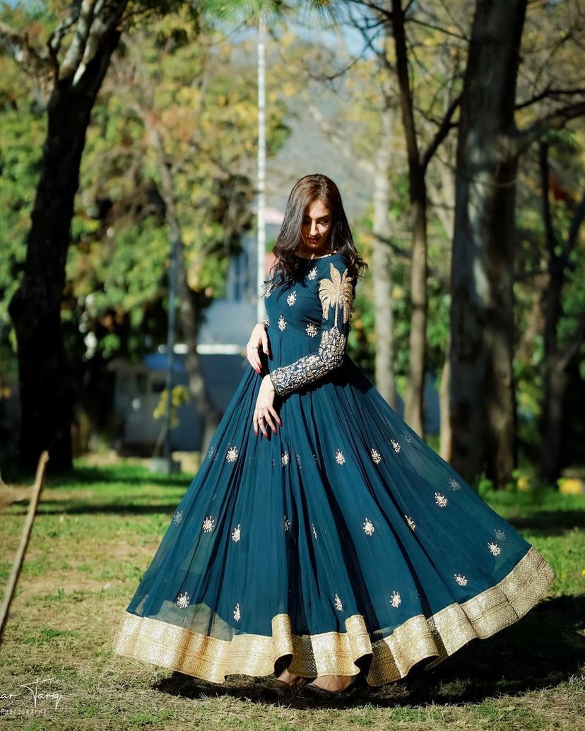 Teal Blue Faux Georgette Embroidery Work Flared Gown - Shopaholics Choice