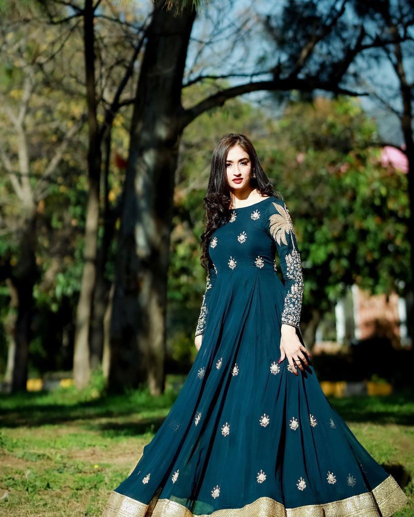 Teal Blue Faux Georgette Embroidery Work Flared Gown - Shopaholics Choice