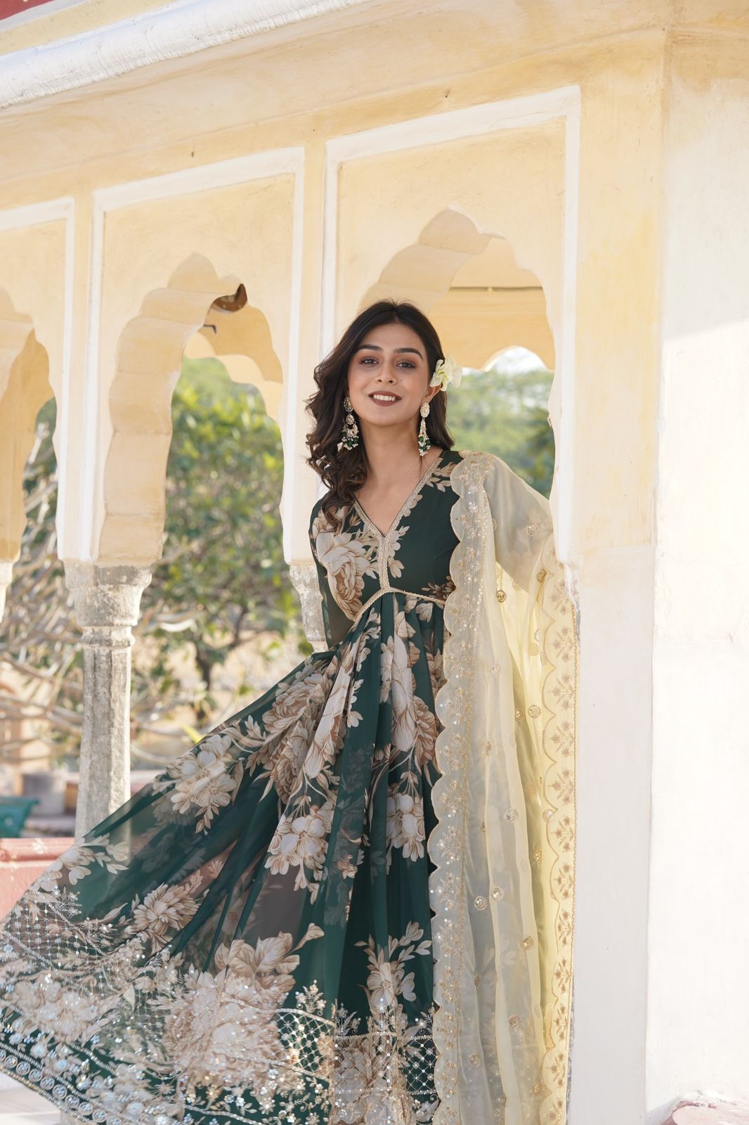 Forest Green Russian Silk Printed Gown - Shopaholics Choice