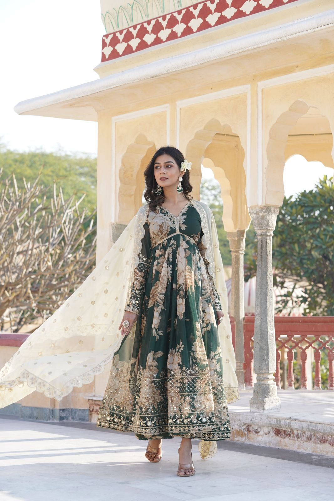 Forest Green Russian Silk Printed Gown - Shopaholics Choice