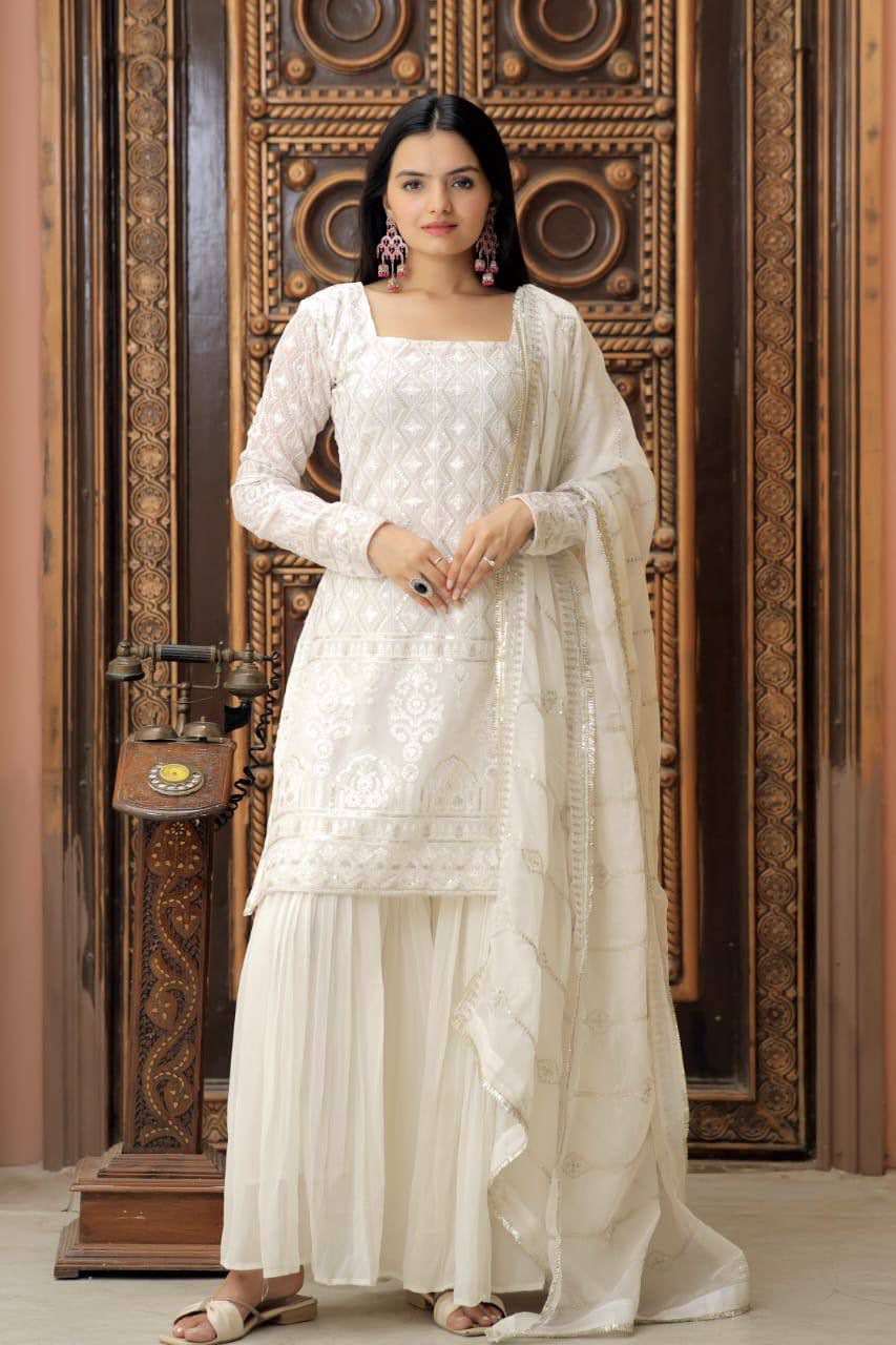Solidcolour Georgette Zigzag Embroidered Sharara Suit - Shopaholics Choice