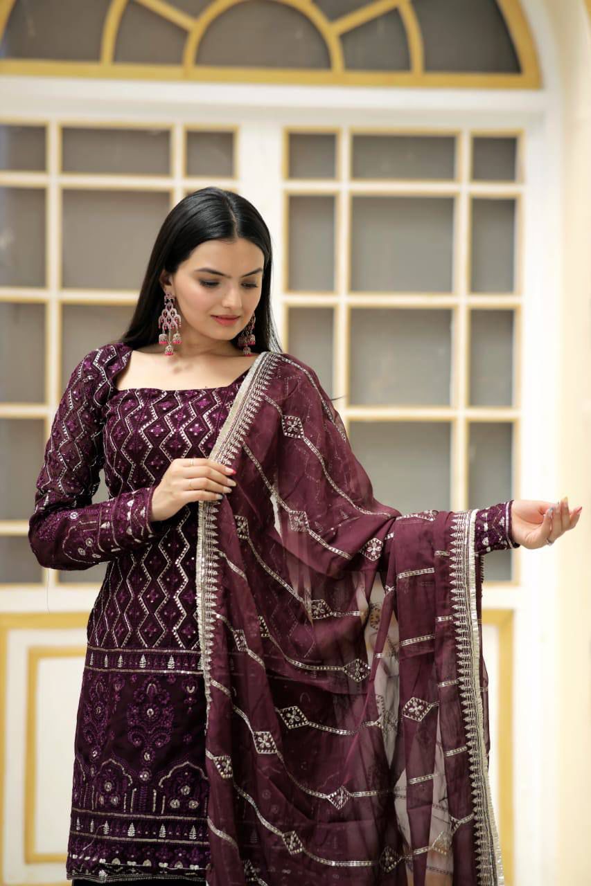 Solidcolour Georgette Zigzag Embroidered Sharara Suit - Shopaholics Choice