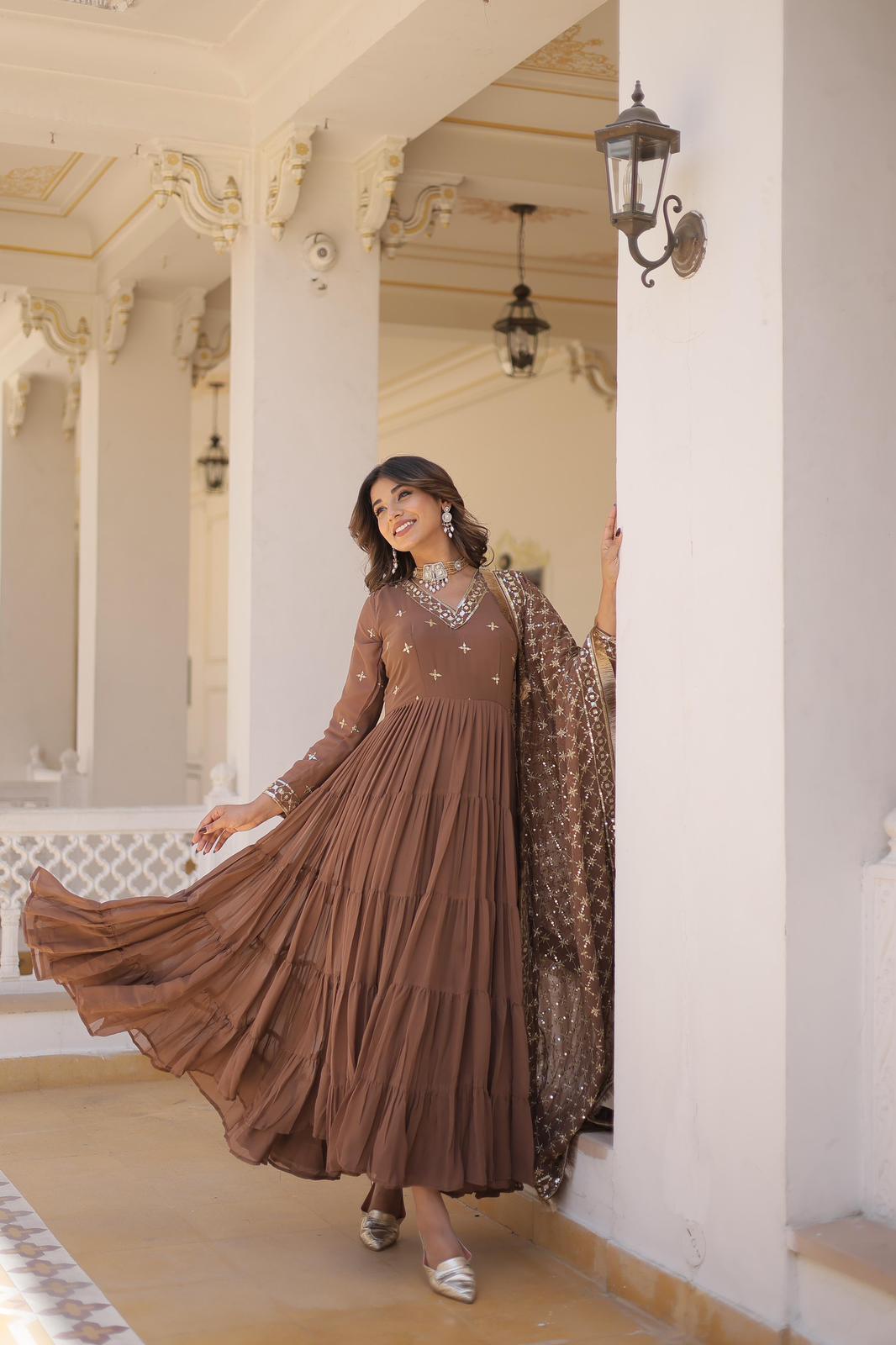 Solidcolour Georgette Rice Sequins Work Gown - Shopaholics Choice