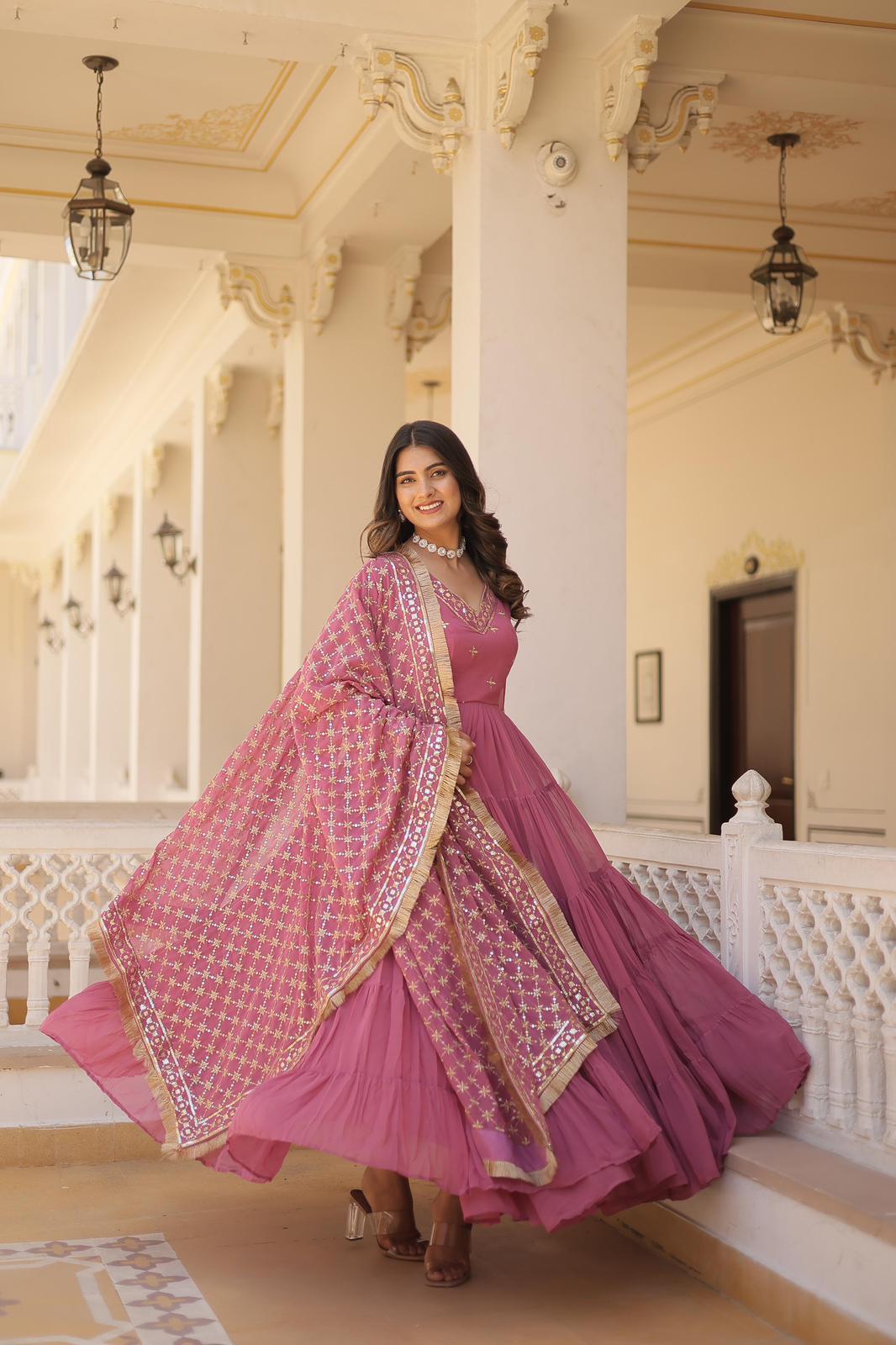 Solidcolour Georgette Rice Sequins Work Gown - Shopaholics Choice