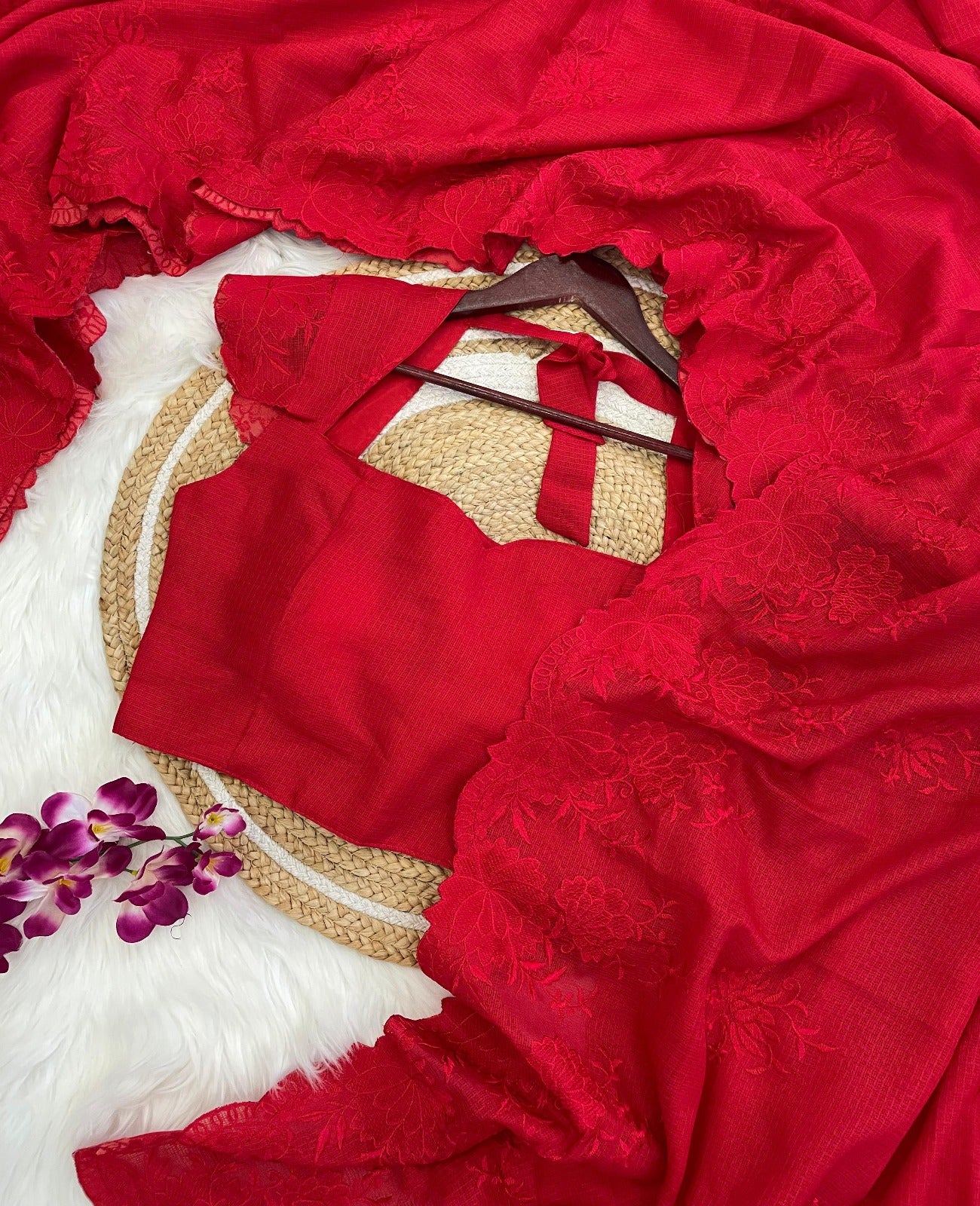 Solidcolour Kota Chex Embroidered Saree - Shopaholics Choice