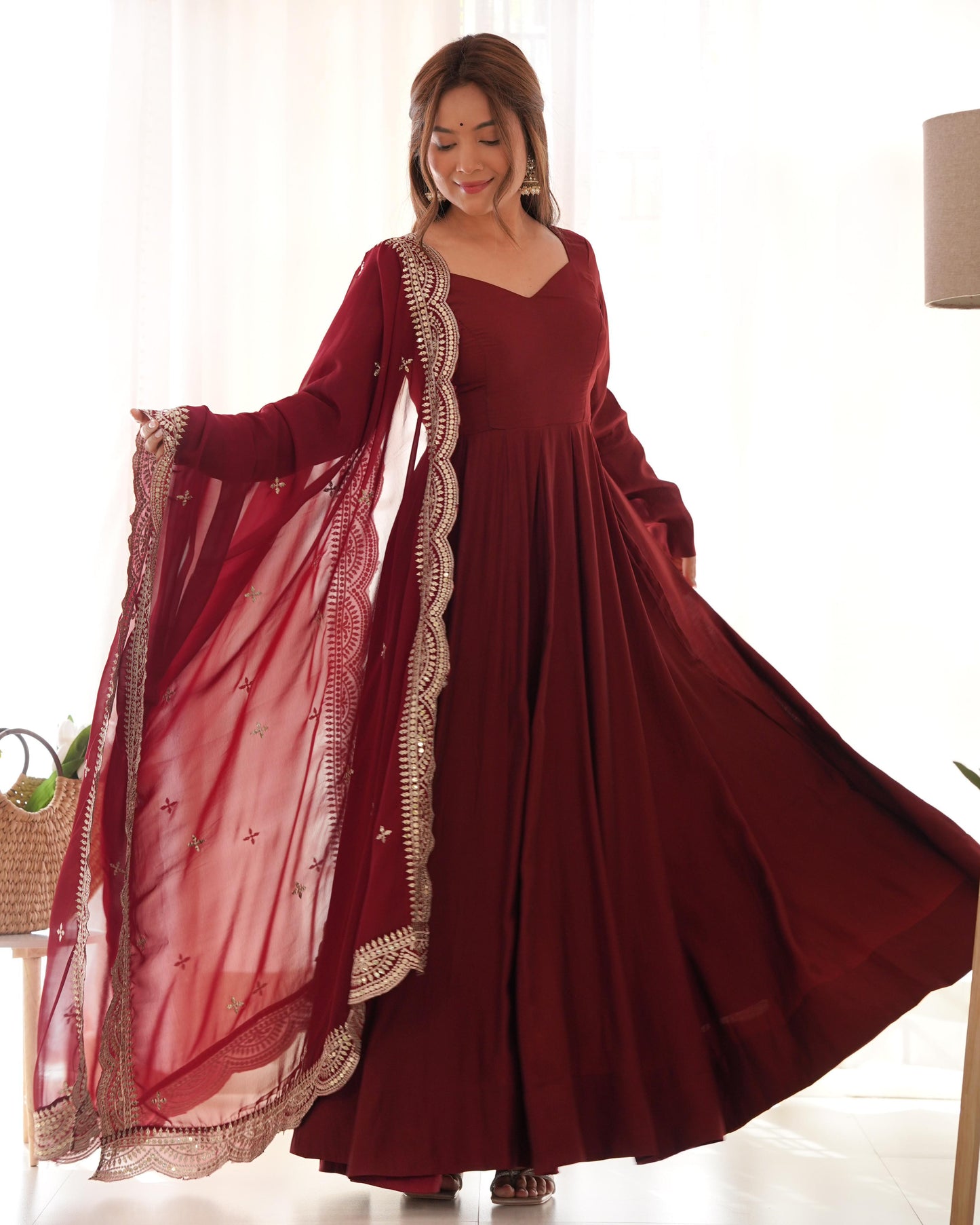 Dark Maroon Roman silk Flared Anarkali - Shopaholics Choice