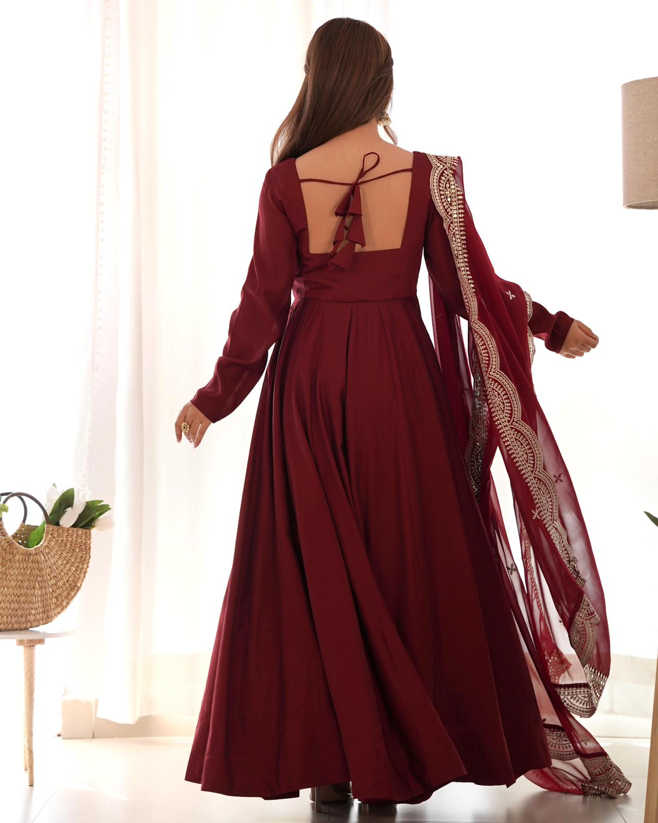Dark Maroon Roman silk Flared Anarkali - Shopaholics Choice