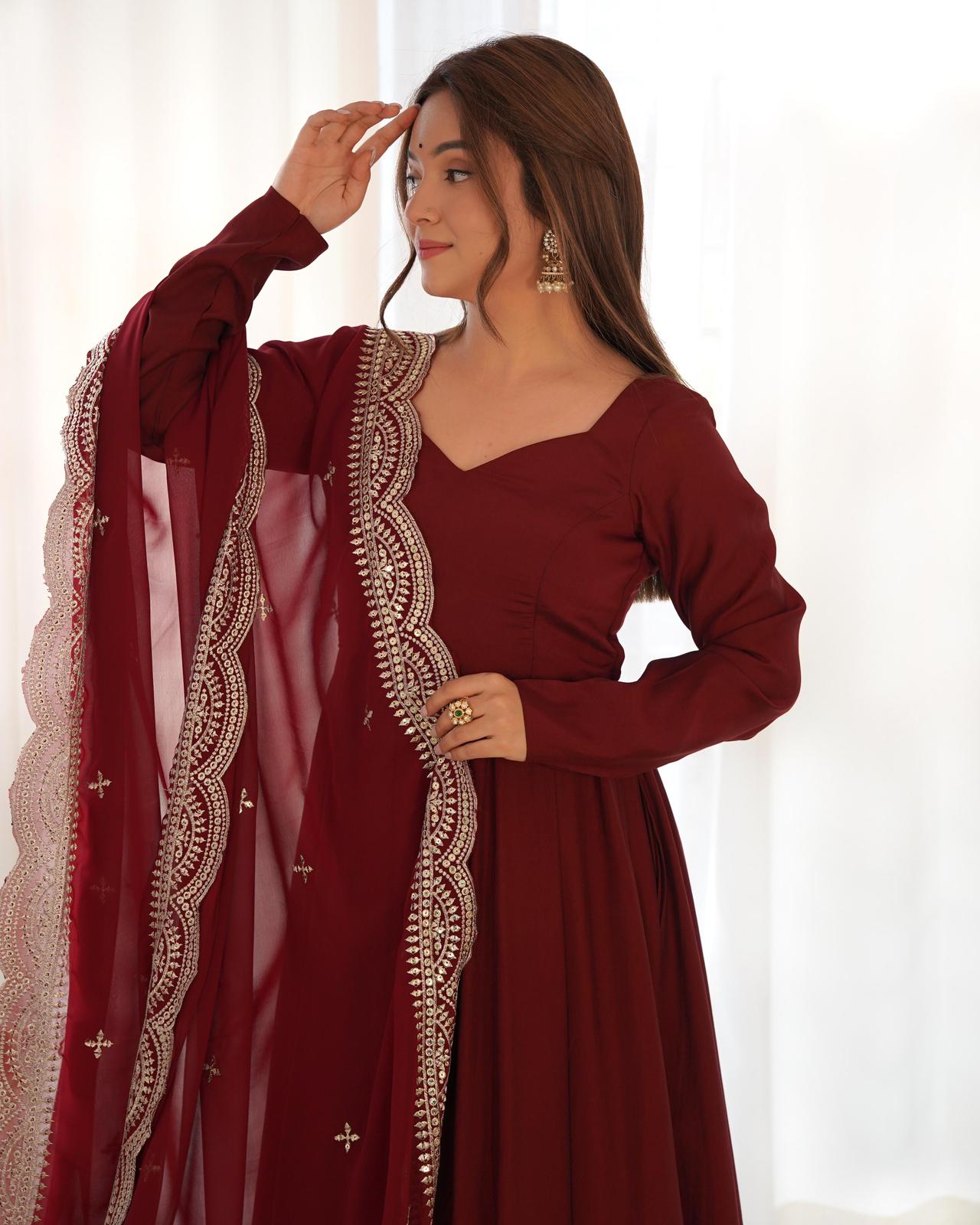 Dark Maroon Roman silk Flared Anarkali - Shopaholics Choice