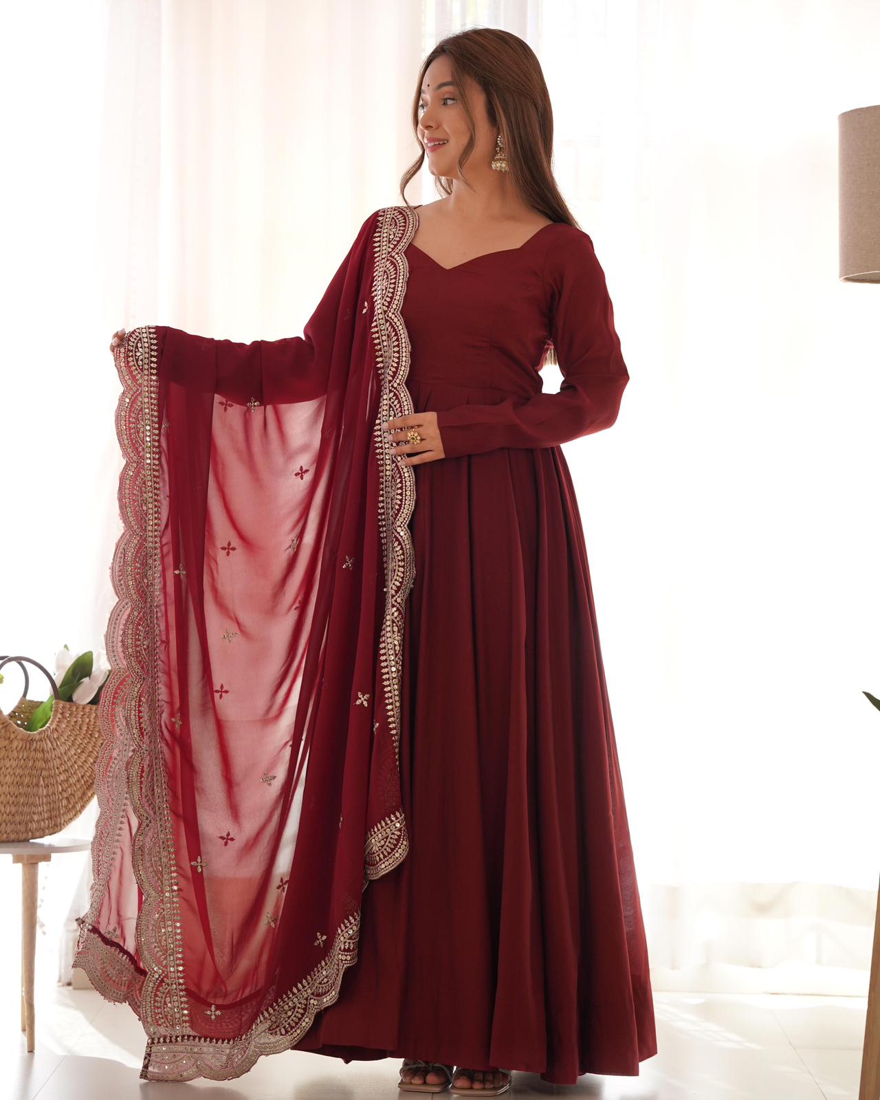 Dark Maroon Roman silk Flared Anarkali - Shopaholics Choice