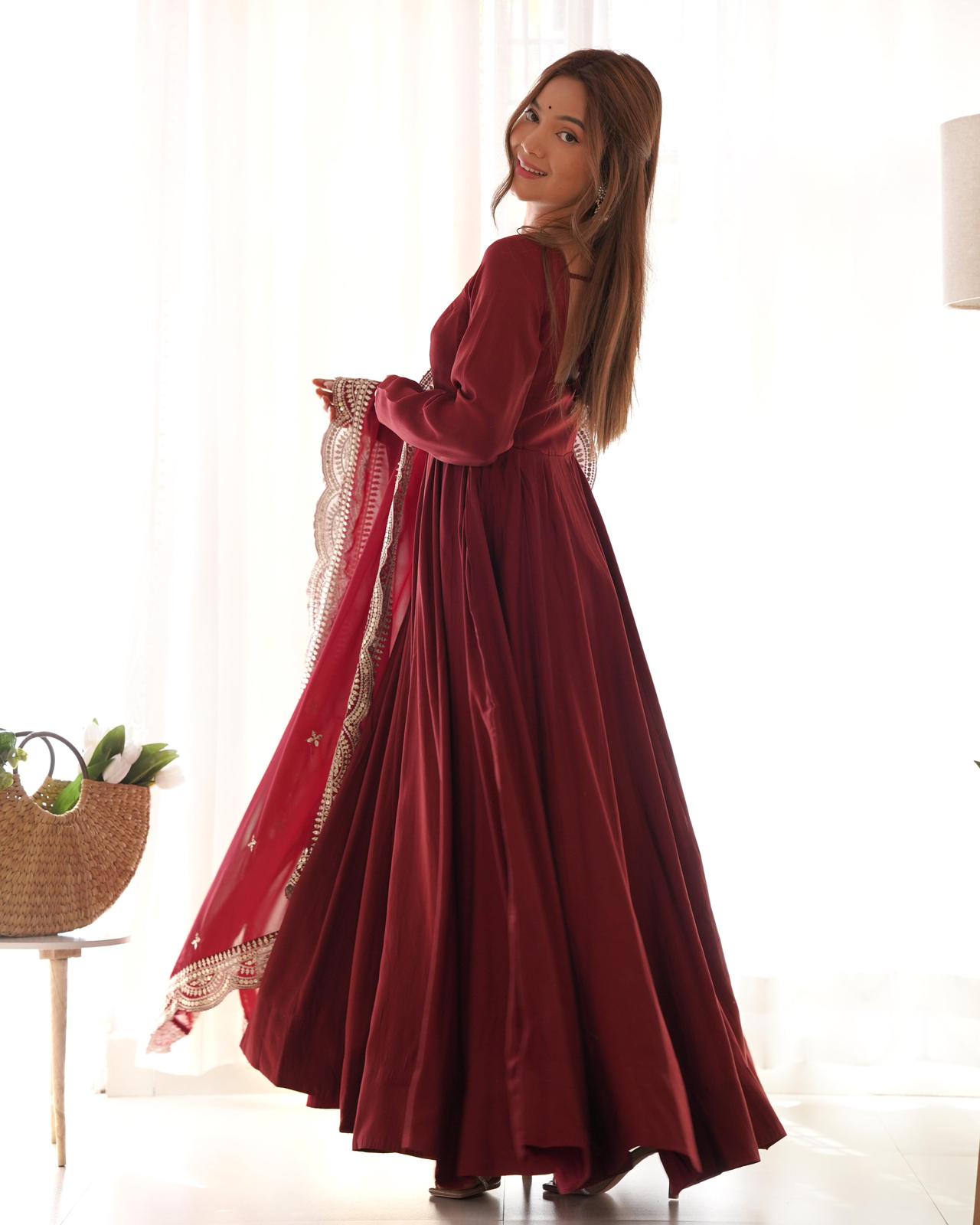 Dark Maroon Roman silk Flared Anarkali - Shopaholics Choice