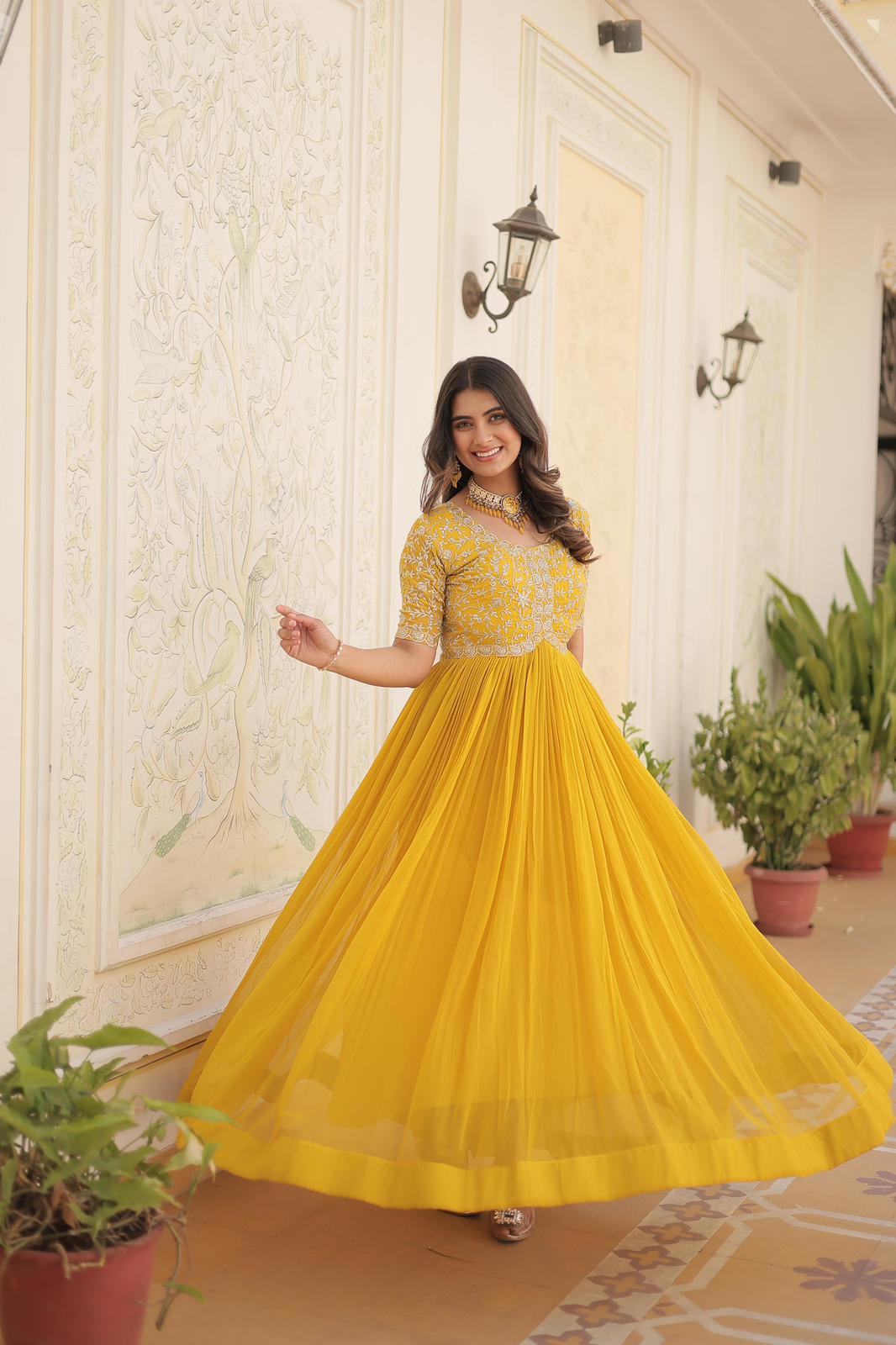 Solidcolour Blooming Embroidery Work Gown - Shopaholics Choice