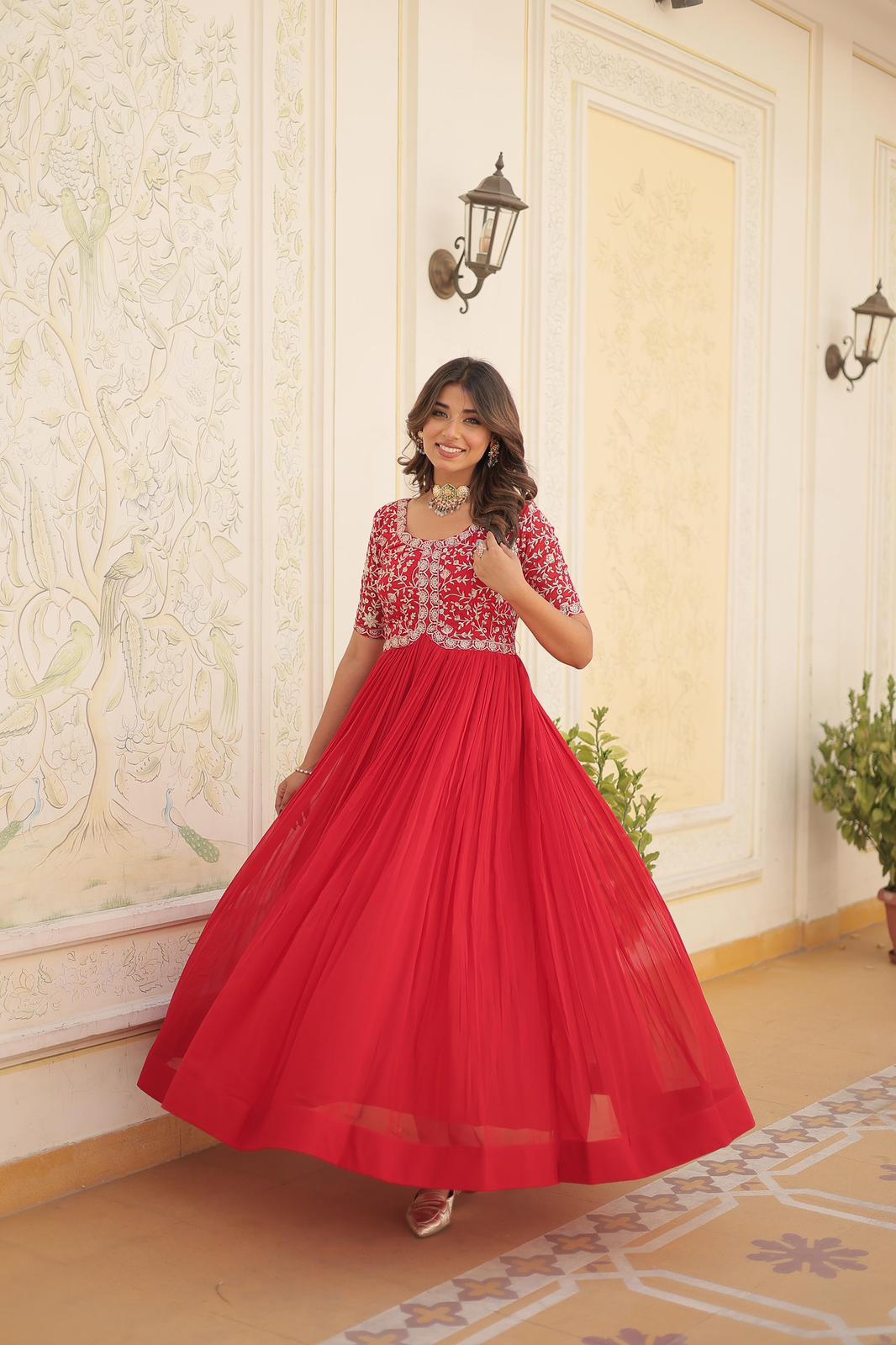 Solidcolour Blooming Embroidery Work Gown - Shopaholics Choice