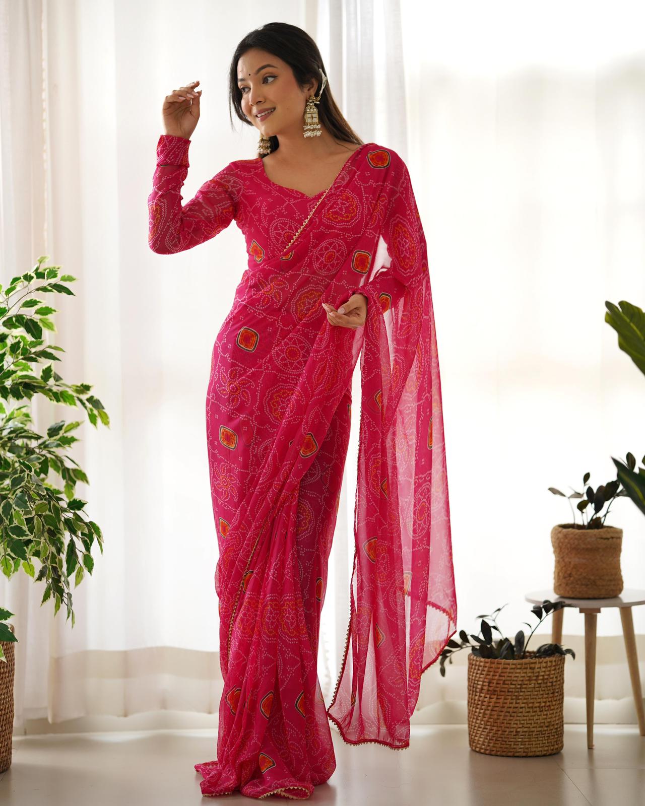 DarkPink Chiffon Bandhej Predrapped Saree - Shopaholics Choice