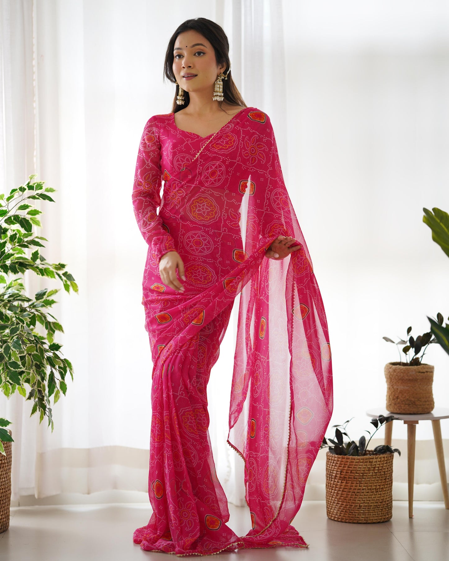 DarkPink Chiffon Bandhej Predrapped Saree - Shopaholics Choice