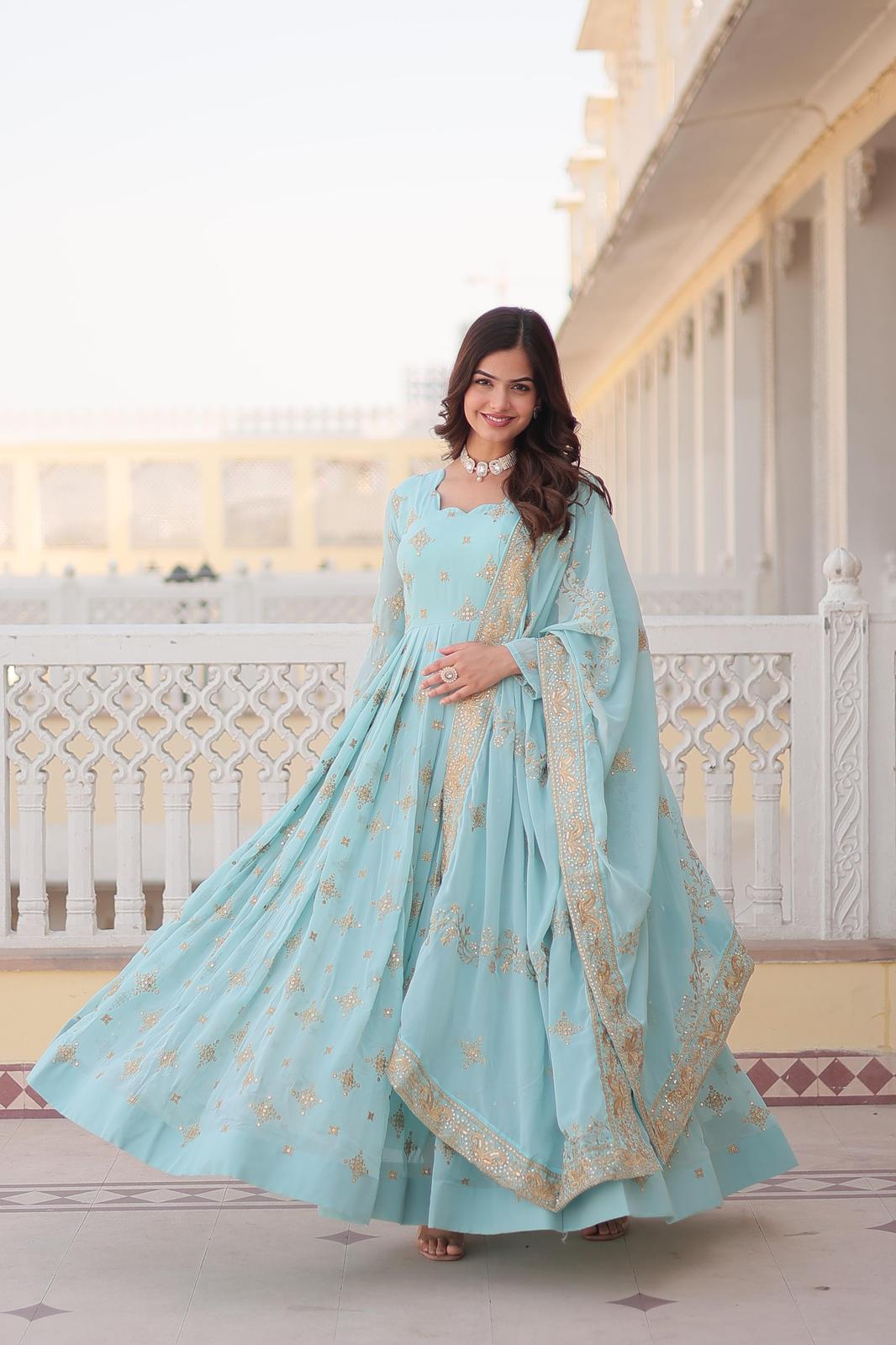 Light Shades Georgette Sequins Work Anarkali Gown - Shopaholics Choice
