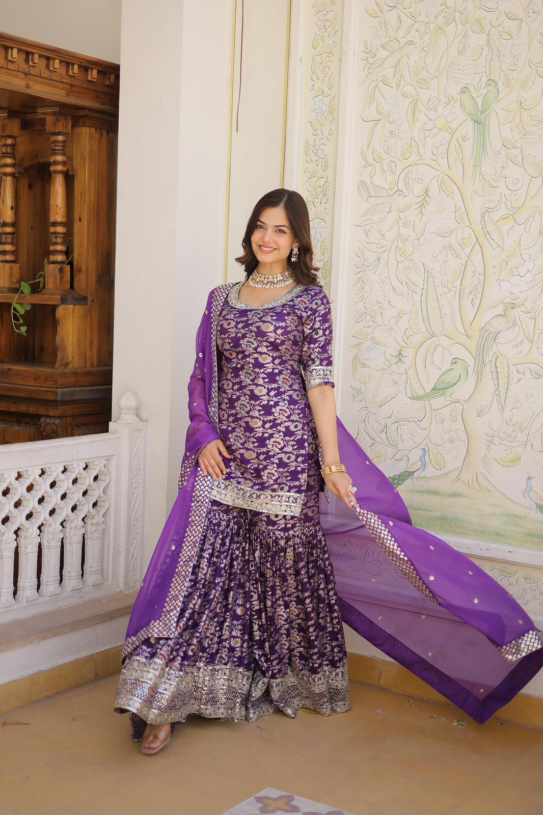 Viscose Jacquard Zari Embroidered Gharara Suit - Shopaholics Choice