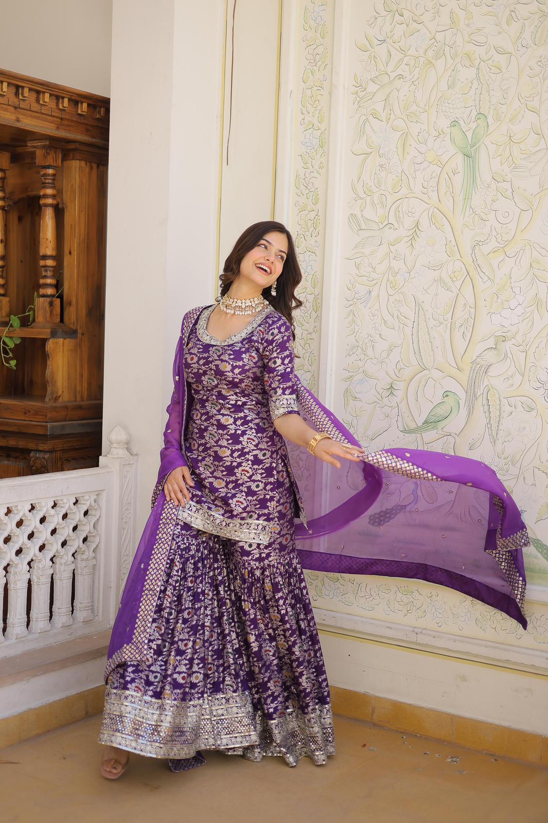 Viscose Jacquard Zari Embroidered Gharara Suit - Shopaholics Choice