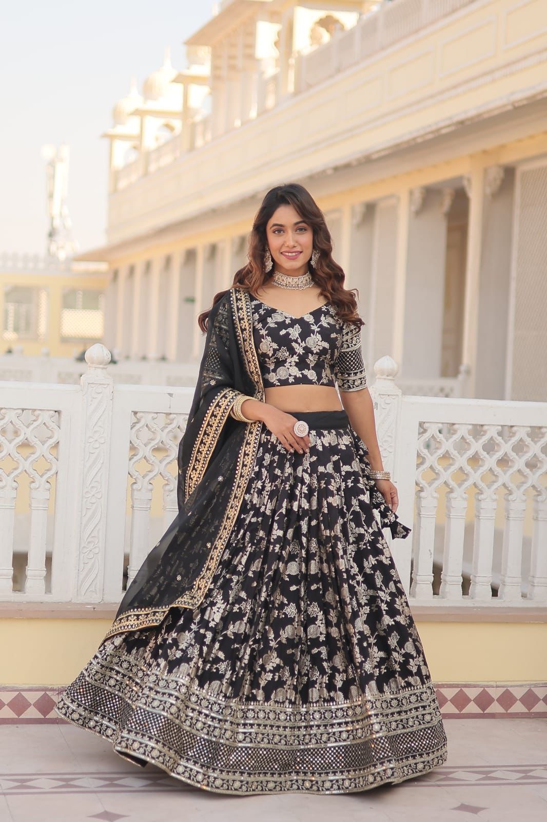 Dyable Viscose Jacquard Embroidered Lehnga - Shopaholics Choice