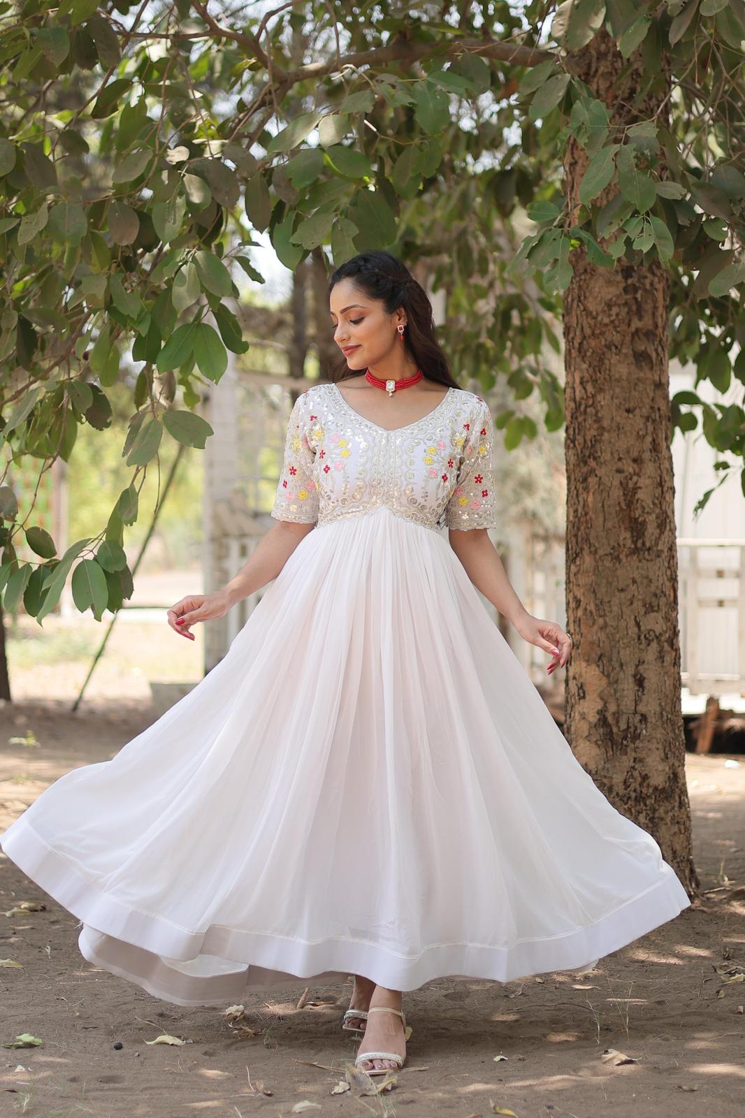 Solidcolour Blooming Sequins Work Gown - Shopaholics Choice
