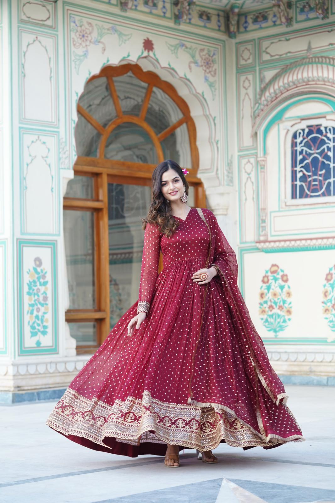 Nylon Jacquard Butti Work Anarkali Gown - Shopaholics Choice