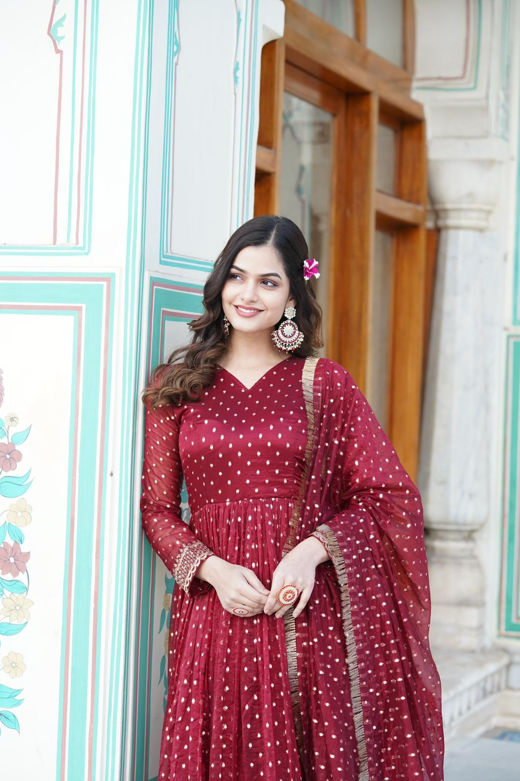 Nylon Jacquard Butti Work Anarkali Gown - Shopaholics Choice