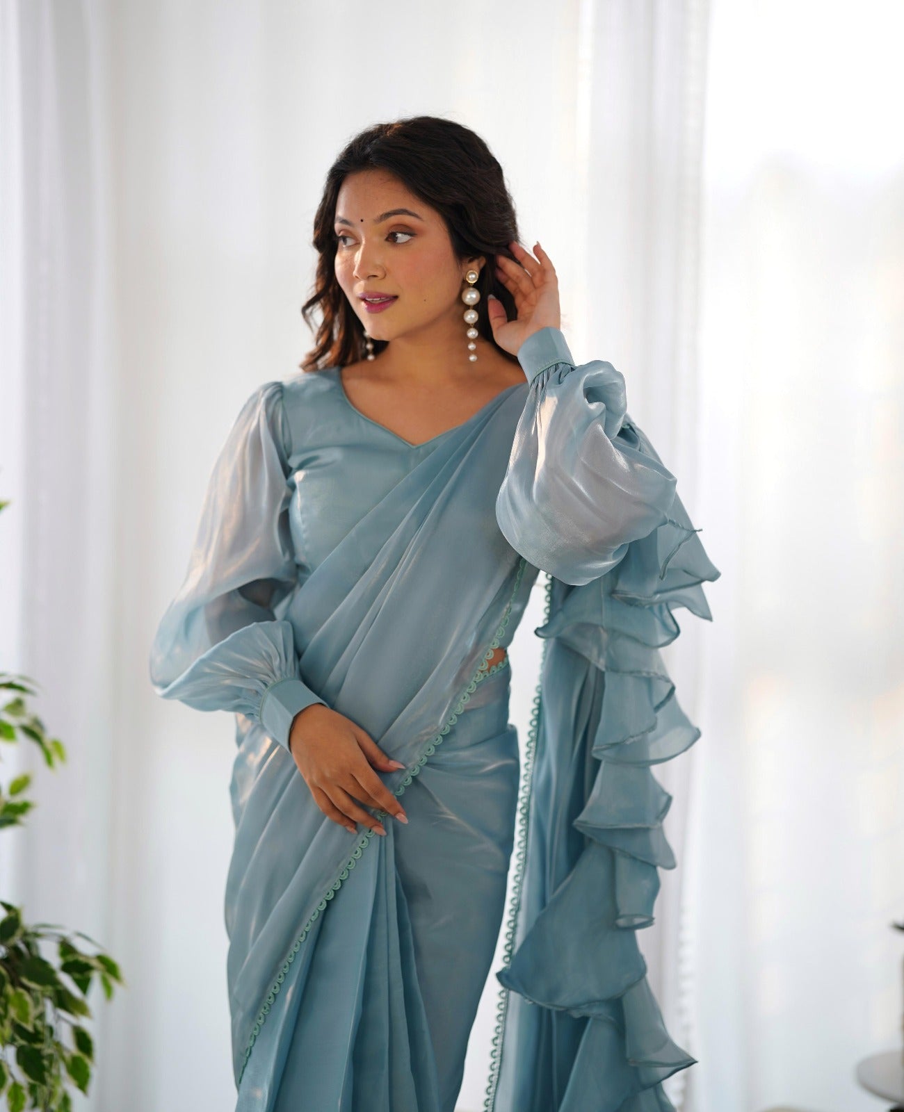 Pearl Blue Organza Ruffle Predrapped Saree - Shopaholics Choice
