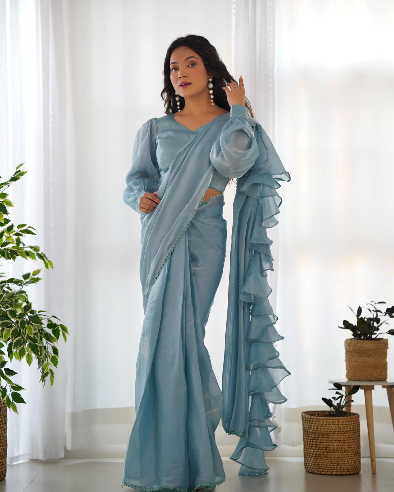 Pearl Blue Organza Ruffle Predrapped Saree - Shopaholics Choice