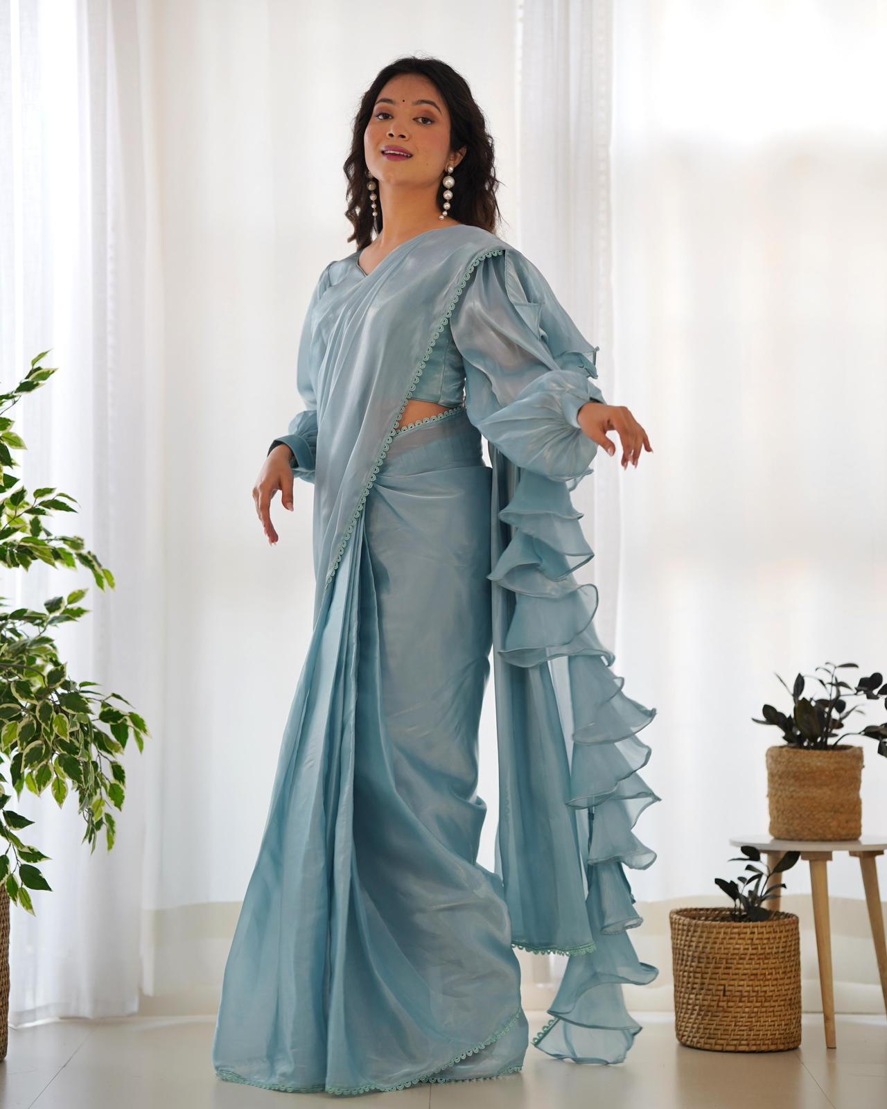 Pearl Blue Organza Ruffle Predrapped Saree - Shopaholics Choice