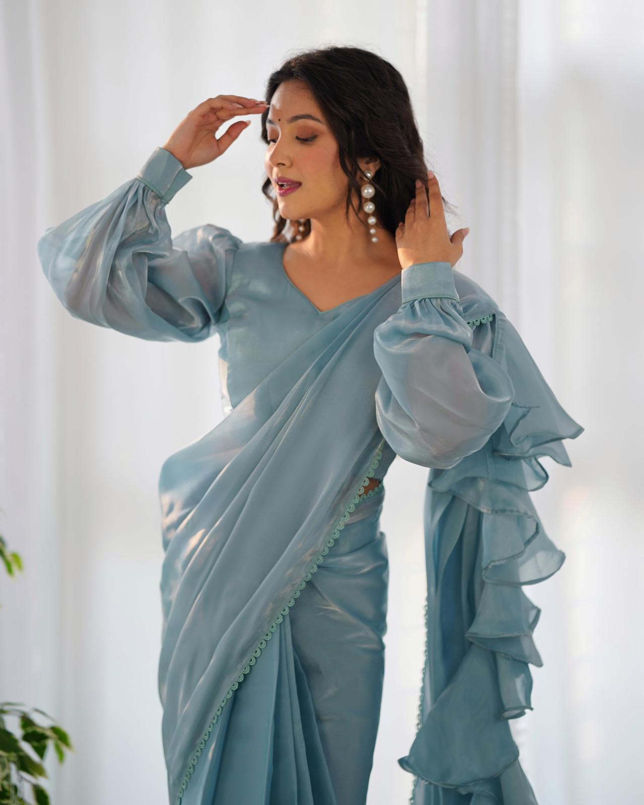 Pearl Blue Organza Ruffle Predrapped Saree - Shopaholics Choice