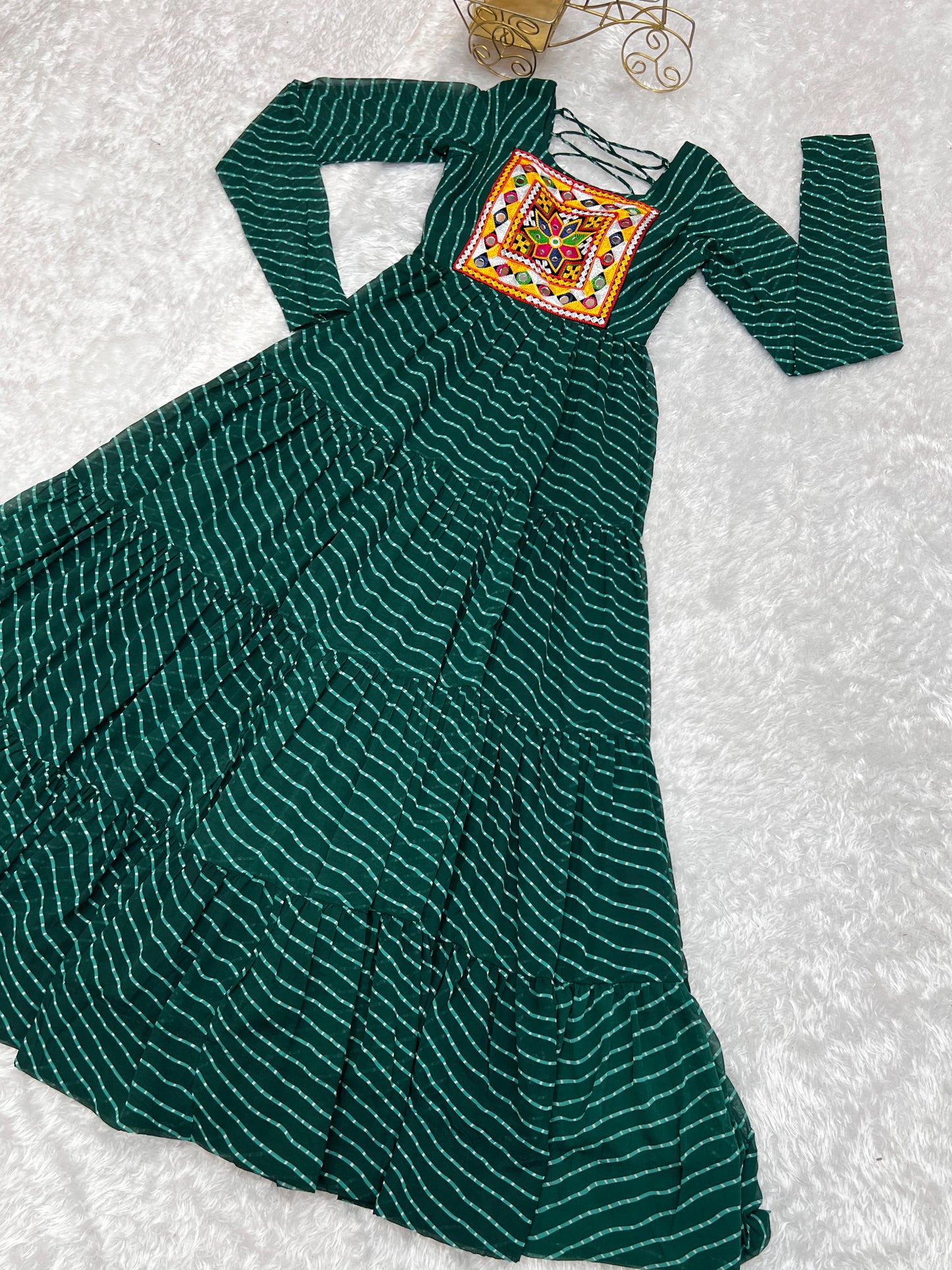 Georgette Lehriya Printed Yoke Work Gown - Shopaholics Choice