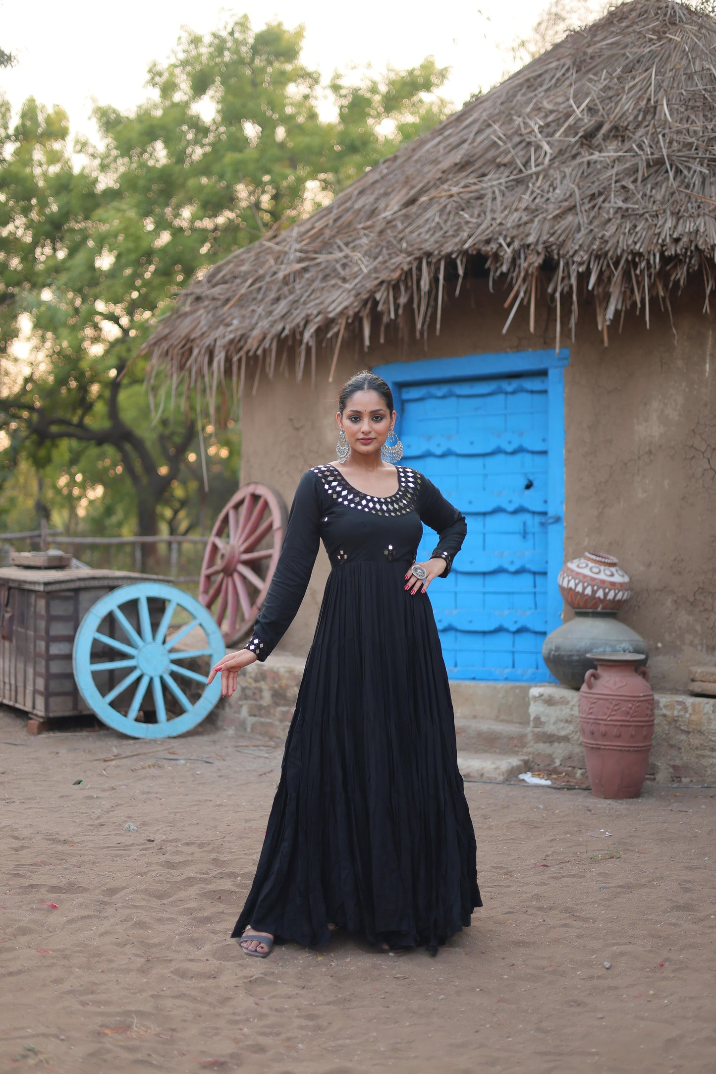 Rayon Real Mirror Work Flared Gown - Shopaholics Choice