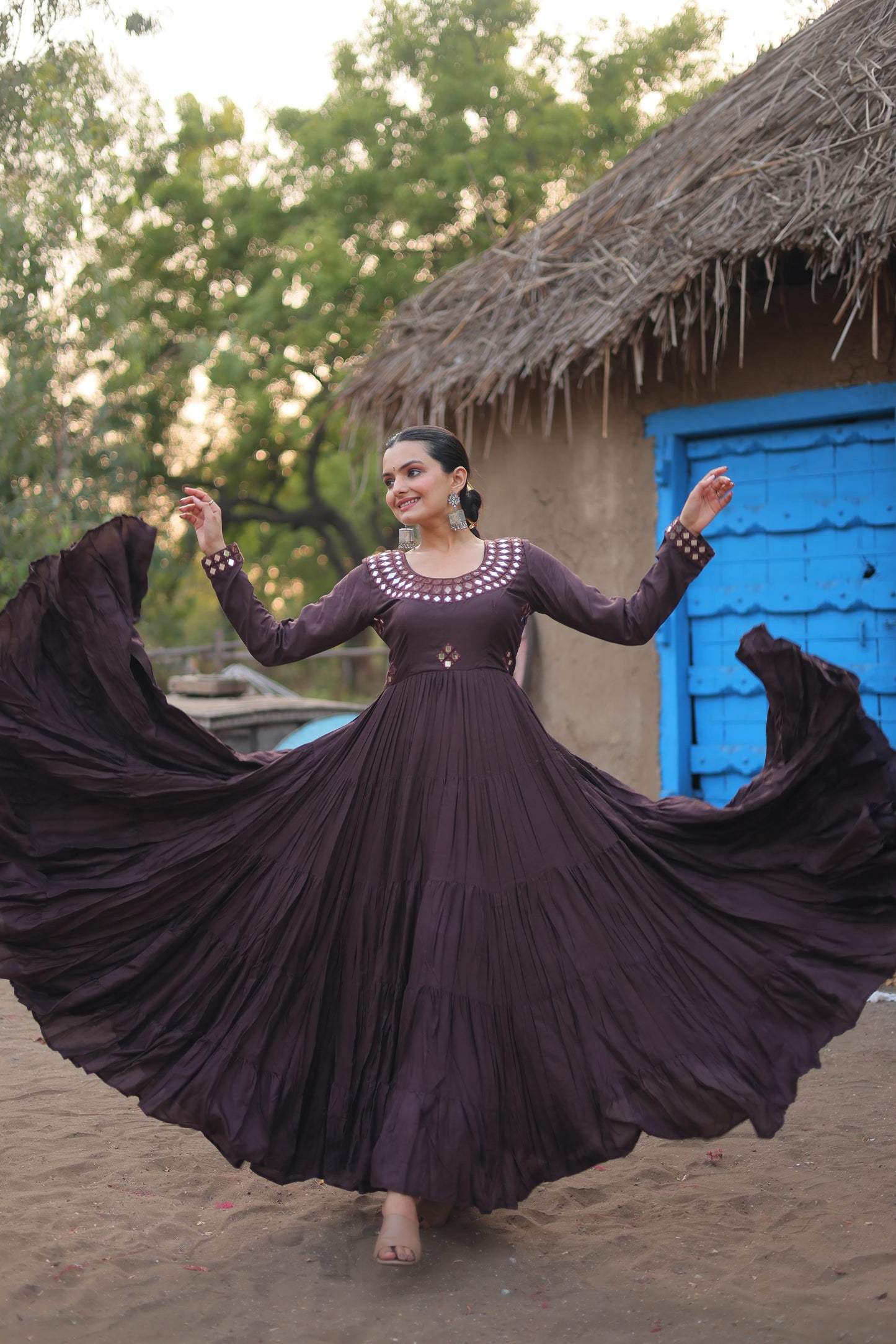 Rayon Real Mirror Work Flared Gown - Shopaholics Choice
