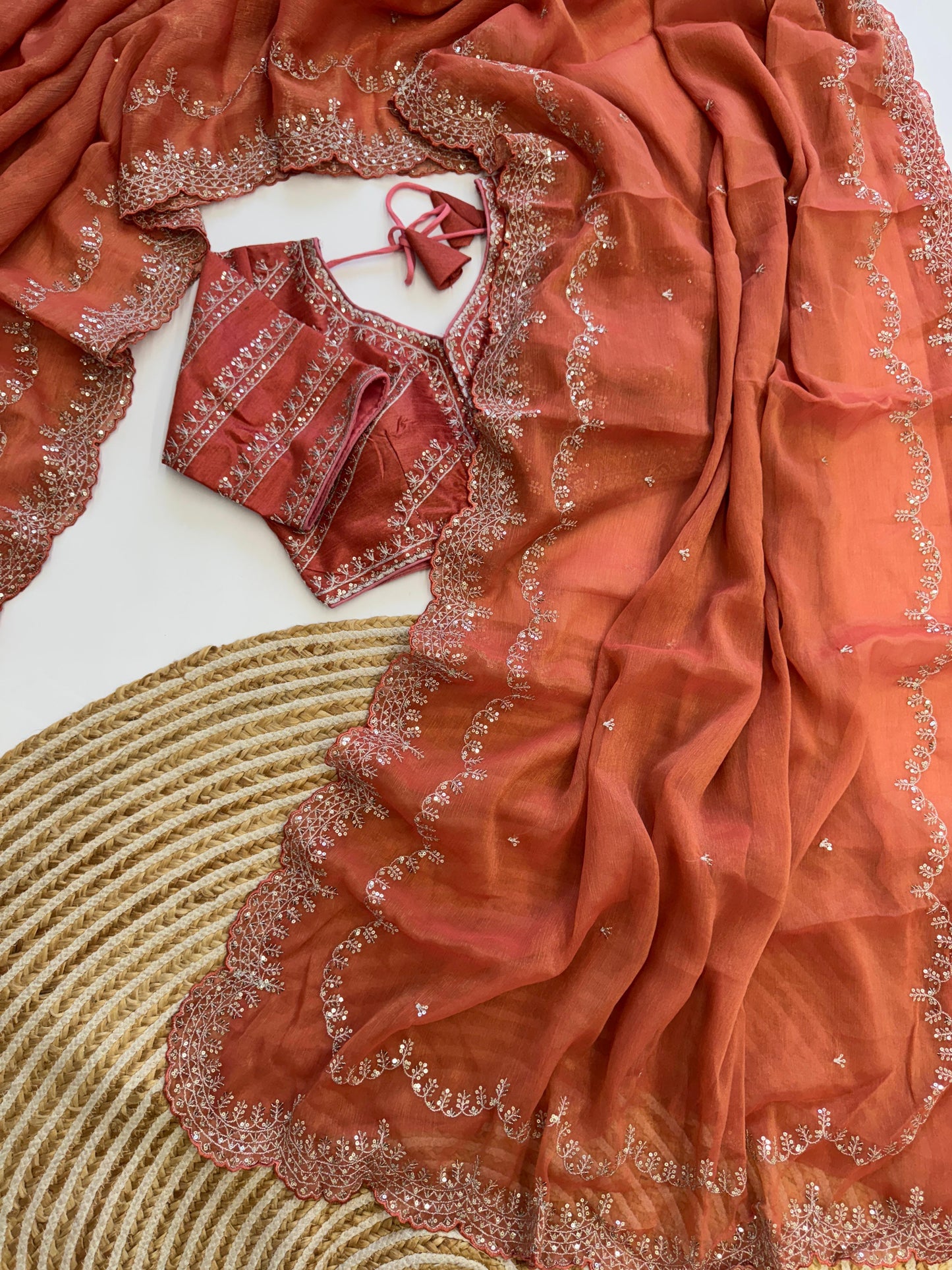 Orange Muska Silk Embroidery Work Saree - Shopaholics Choice