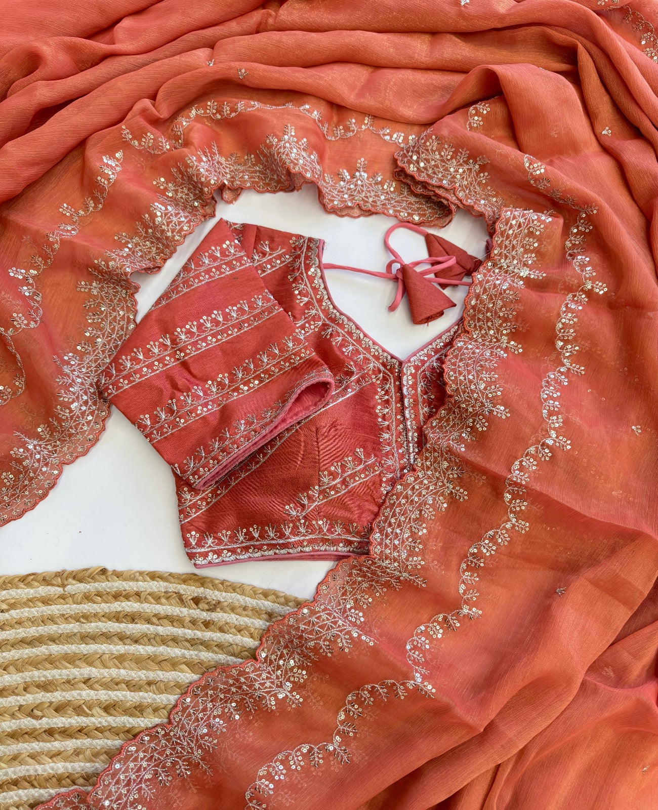 Orange Muska Silk Embroidery Work Saree - Shopaholics Choice