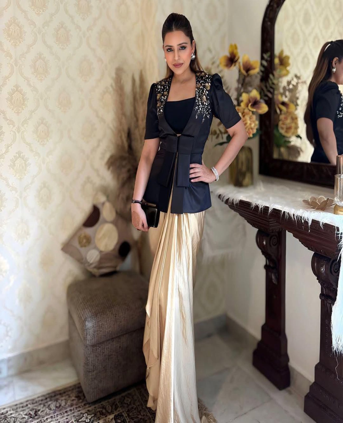 Black-Beige Crape-Satin Indo Western - Shopaholics Choice