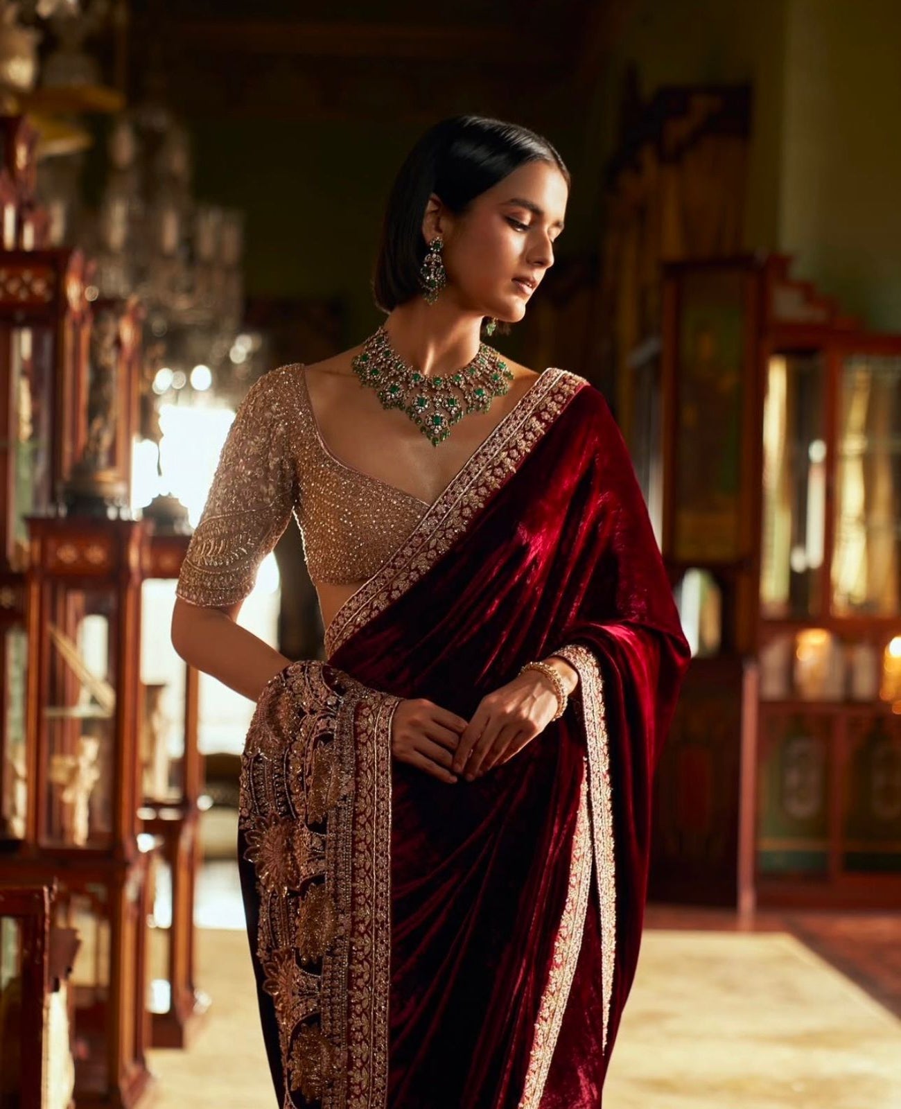 Gorgeous Maroon Velvet-Net Embroidered Saree - Shopaholics Choice