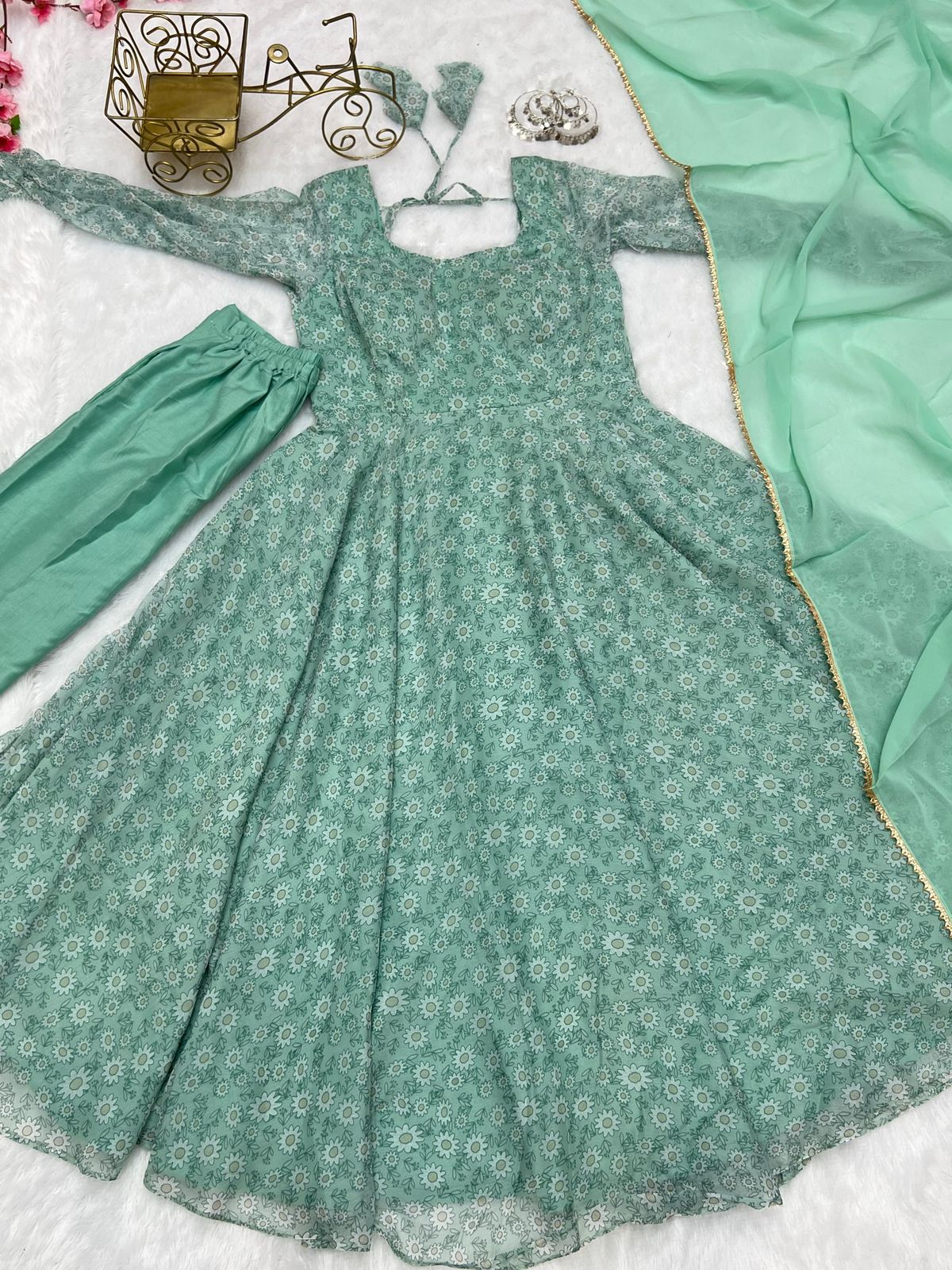 Dusky Green Soft Chiffon Floral Flared Anarkali