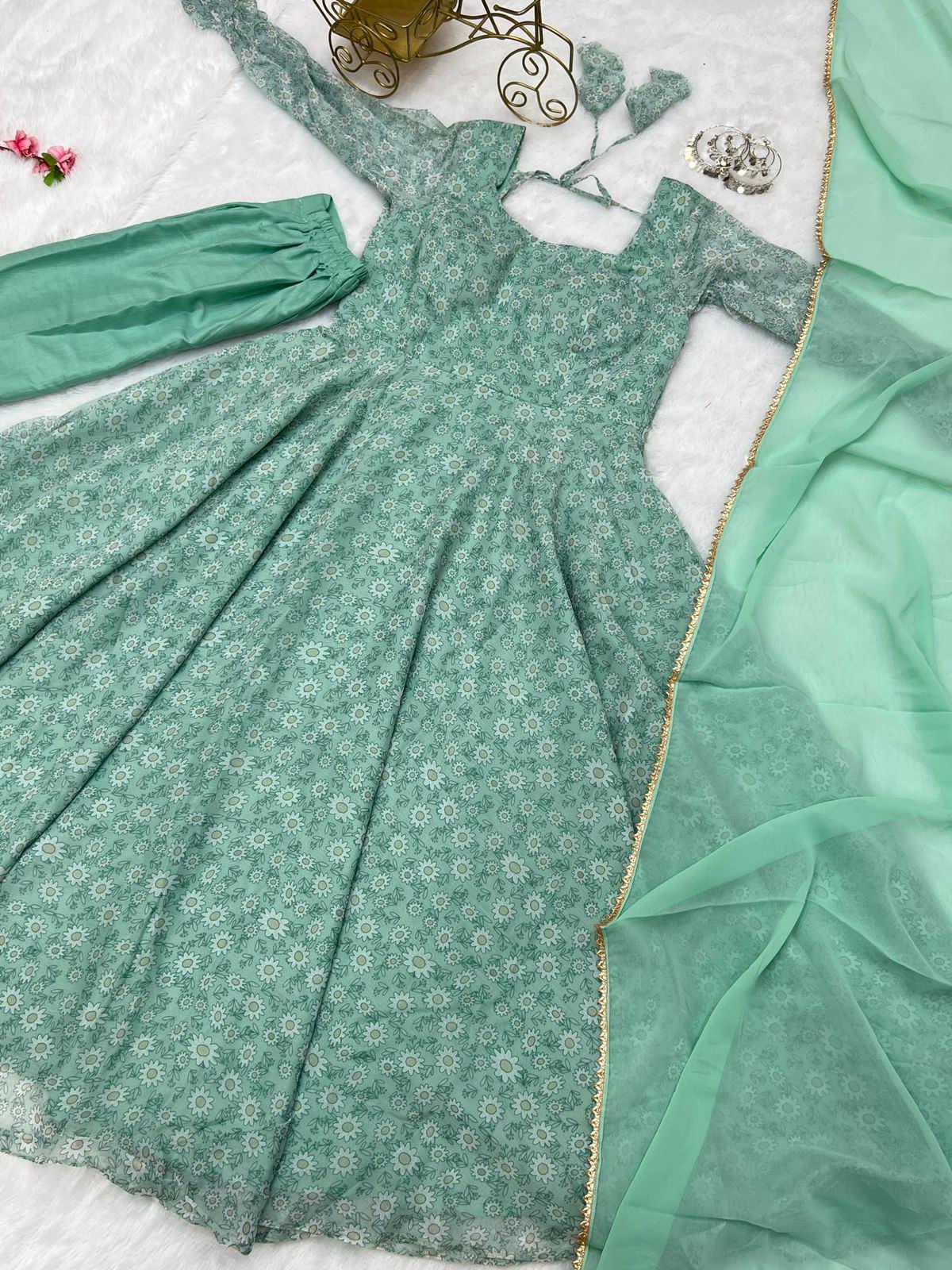 Dusky Green Soft Chiffon Floral Flared Anarkali