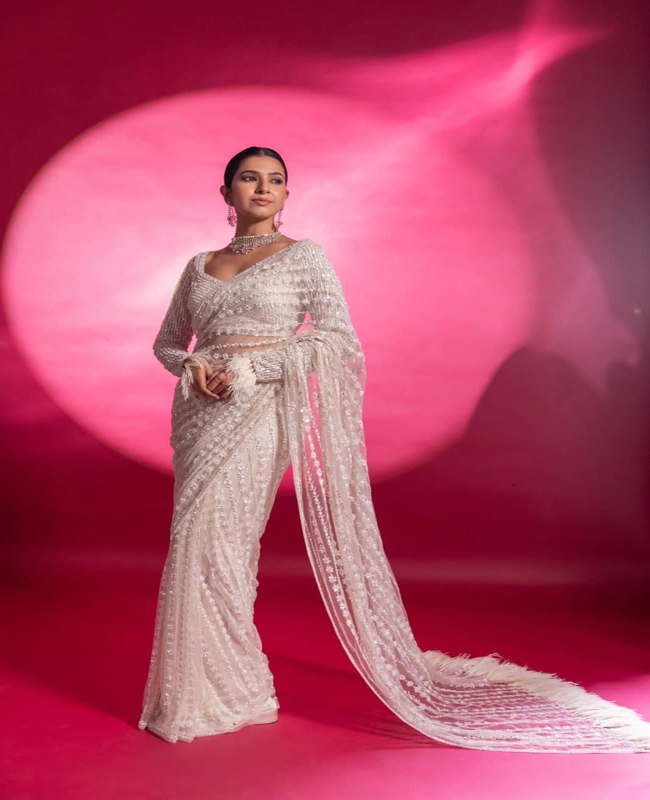 White Net Heavy Sequins Work Saree