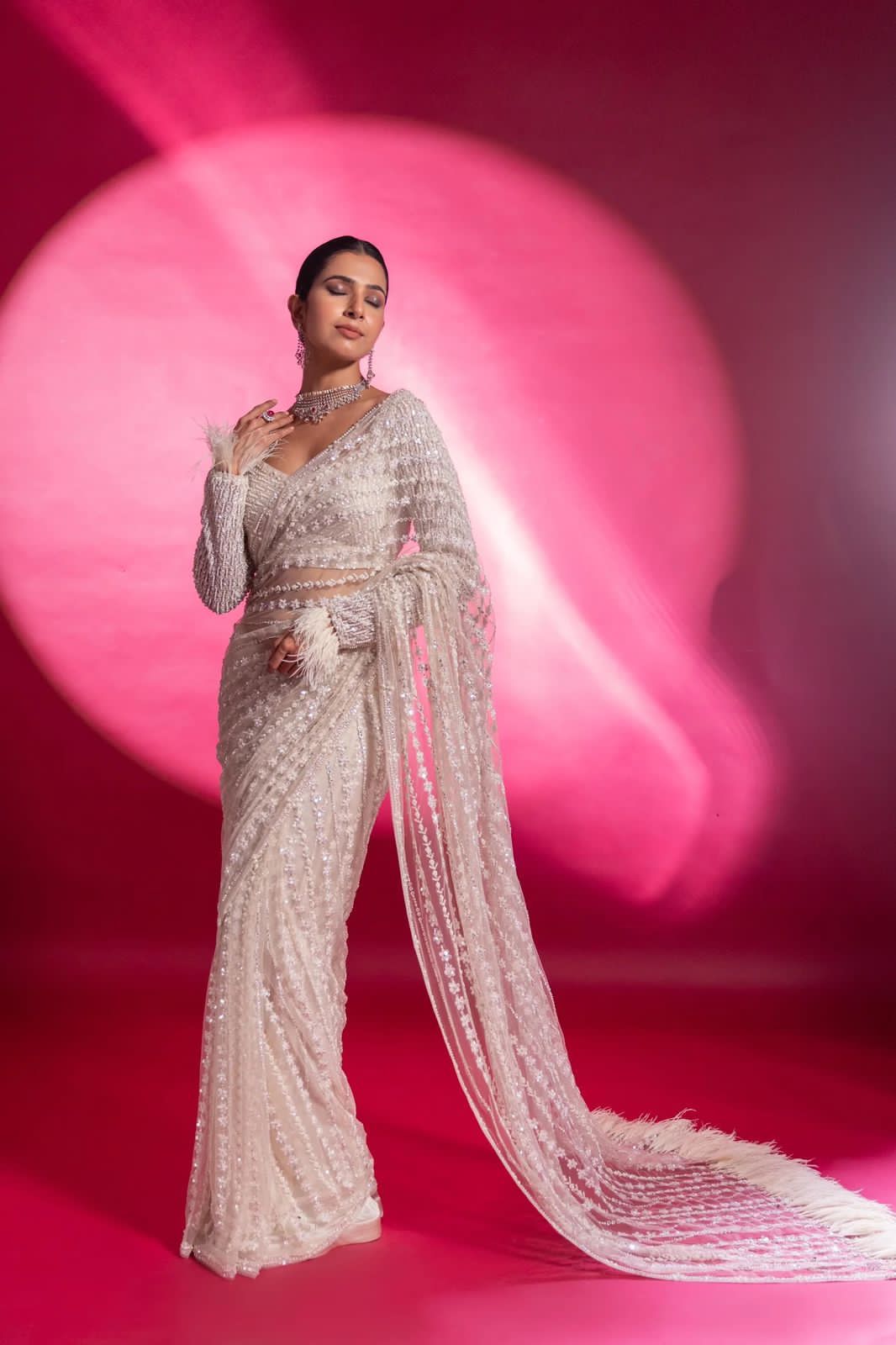 White Net Heavy Sequins Work Saree