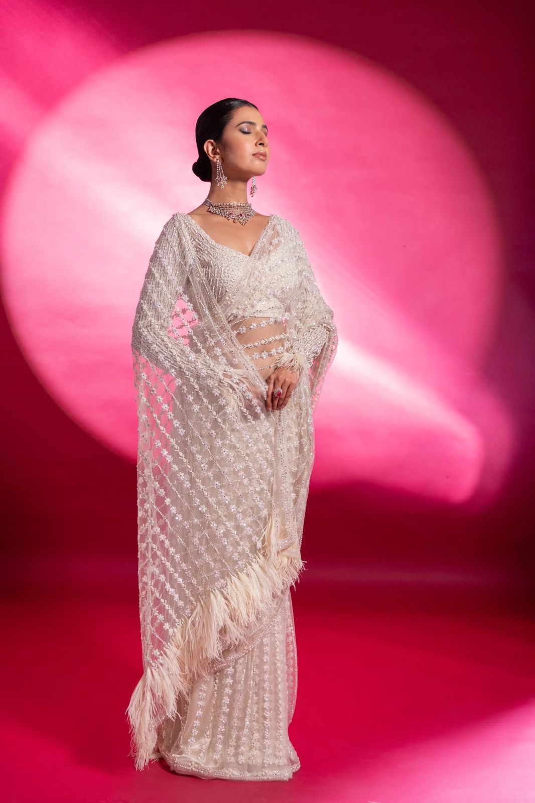White Net Heavy Sequins Work Saree