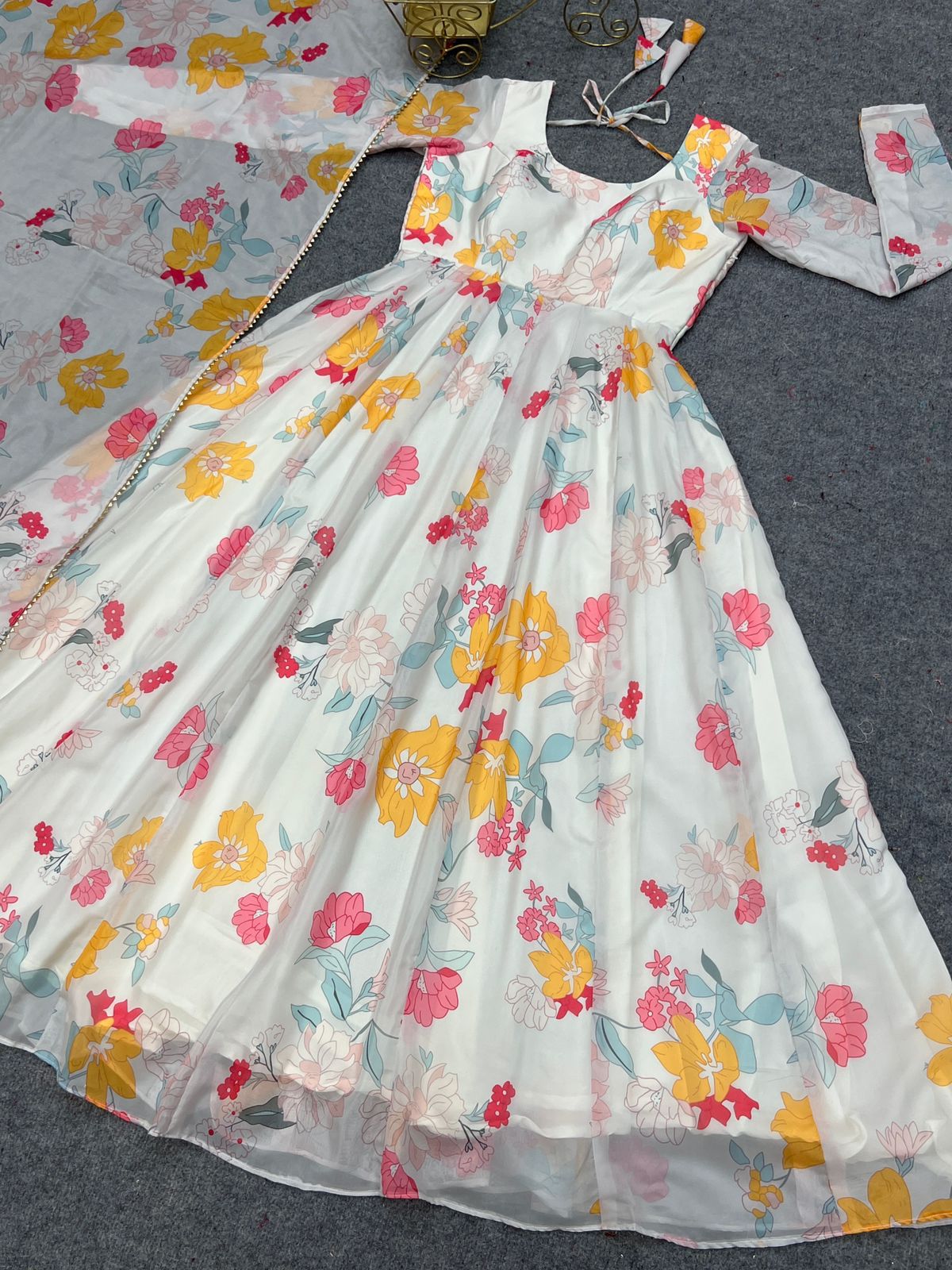 White Organza Floral Flared Gown - Shopaholics Choice