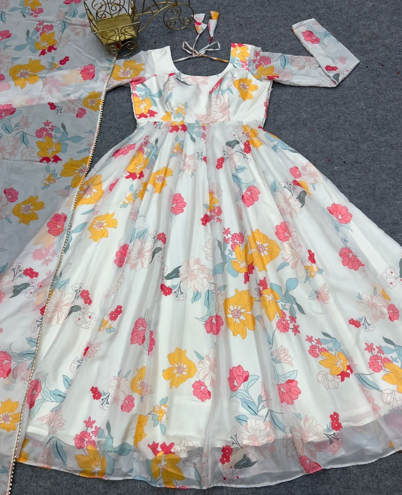 White Organza Floral Flared Gown - Shopaholics Choice