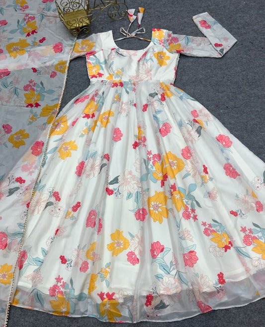 White Organza Floral Flared Gown - Shopaholics Choice