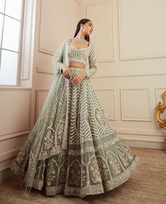 Dusky Elaichi Green Georgette Embroidered Lehnga - Shopaholics Choice