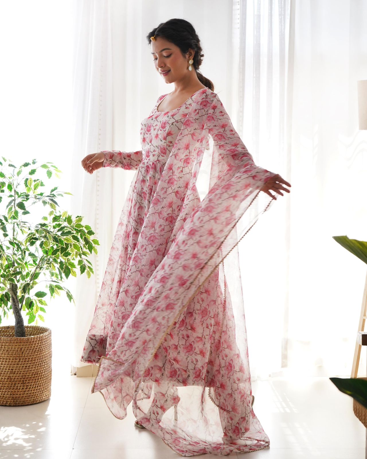 White-Pink Organza Floral Anarkali Suit - Shopaholics Choice